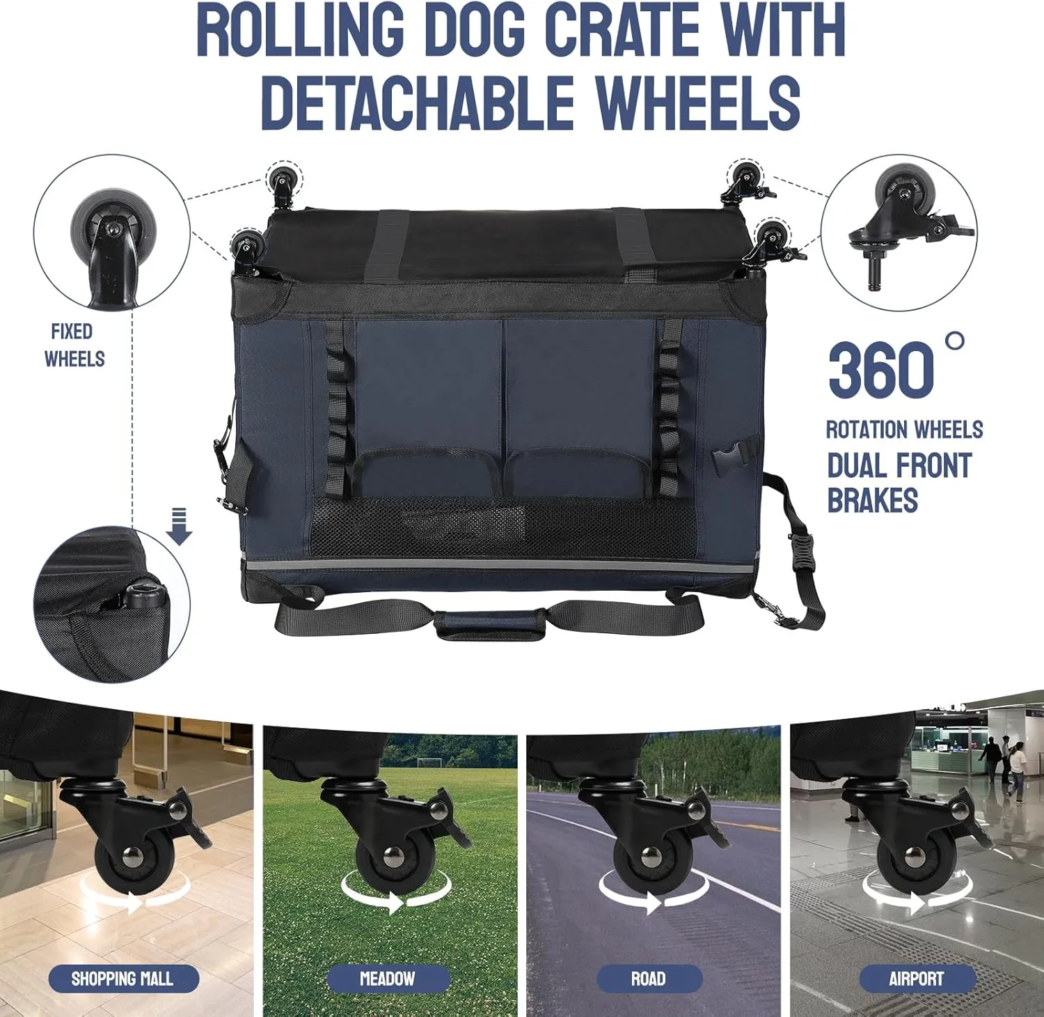 24IN Soft Collapsible Dog Crate w Detachable Wheels, Rolling Travel Dog Crate for Small Breed Dogs, Portable Dog Kennel with Mesh Windows, Indoor & Outdoor Uses