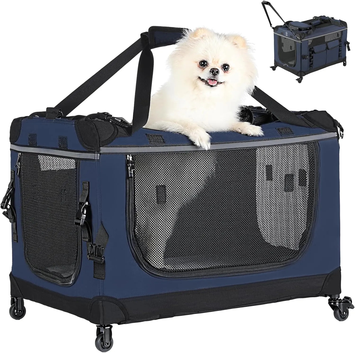 24IN Soft Collapsible Dog Crate w Detachable Wheels, Rolling Travel Dog Crate for Small Breed Dogs, Portable Dog Kennel with Mesh Windows, Indoor & Outdoor Uses