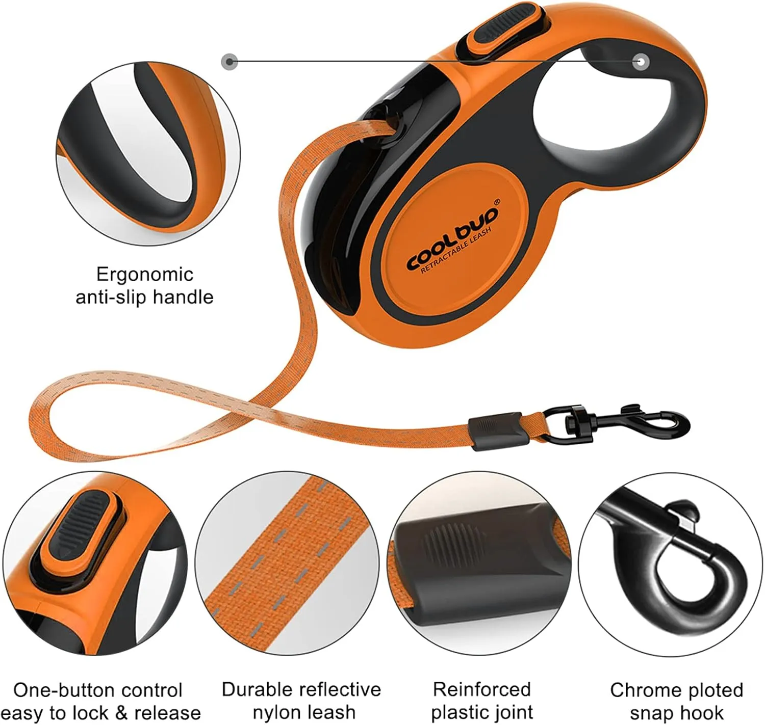 360 Tangle-Free, Heavy Duty Retractable Dog Leash with Anti-Slip Handle; 16 ft Reflective Strong Nylon Tape; for Large Dog or Cat up to 110 lbs; One-Handed Brake, Pause, Lock (Orange, Large)