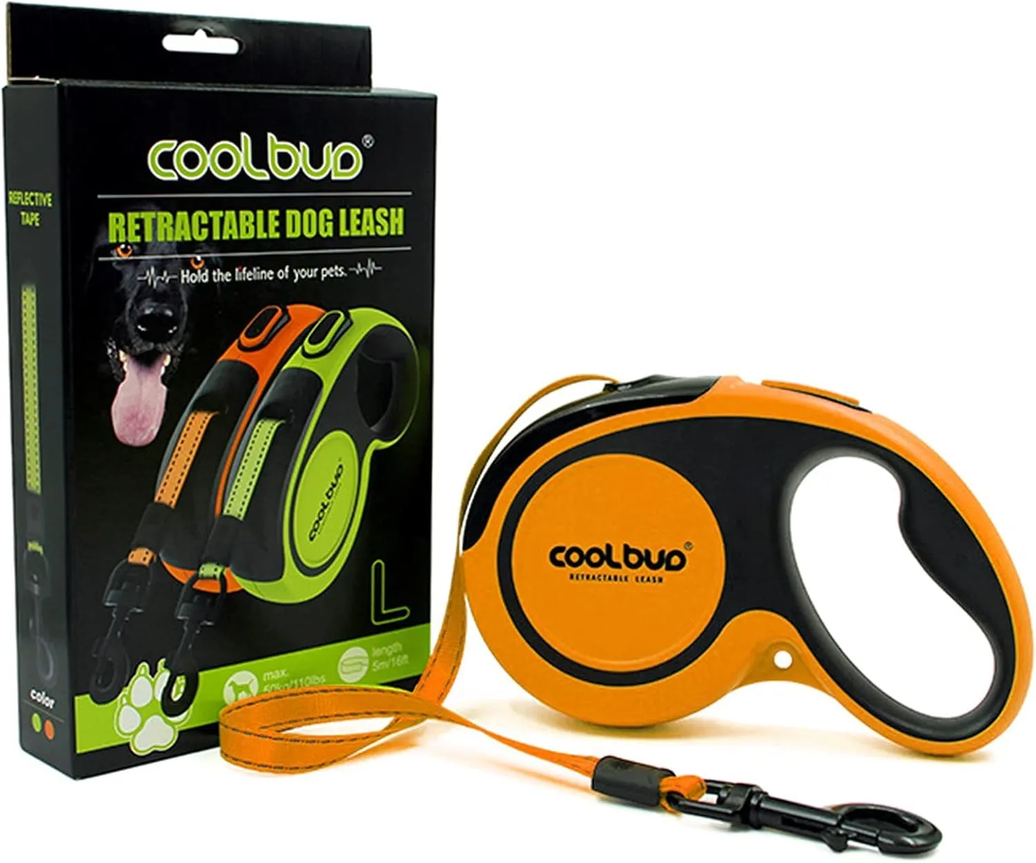 360 Tangle-Free, Heavy Duty Retractable Dog Leash with Anti-Slip Handle; 16 ft Reflective Strong Nylon Tape; for Large Dog or Cat up to 110 lbs; One-Handed Brake, Pause, Lock (Orange, Large)