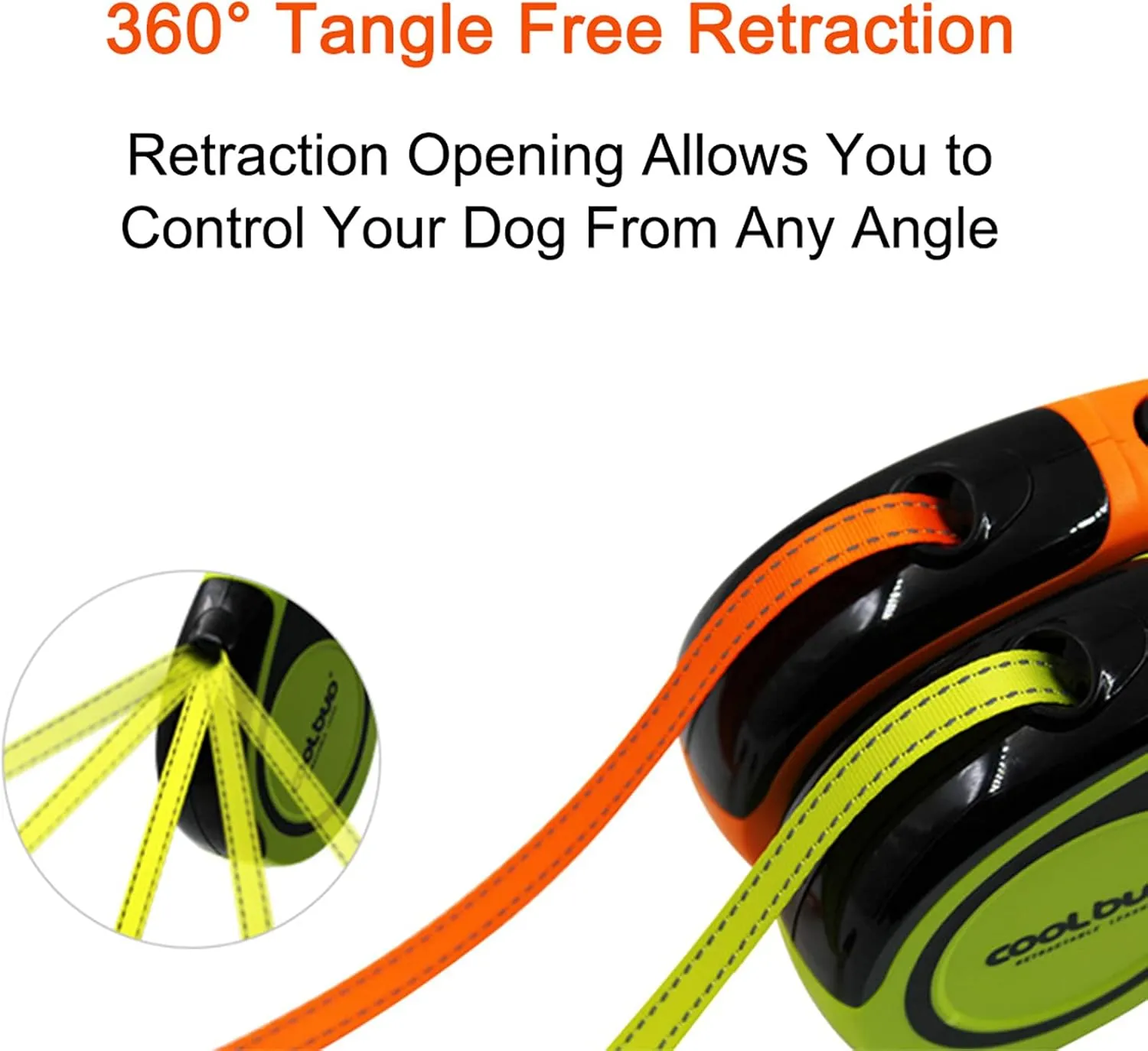 360 Tangle-Free, Heavy Duty Retractable Dog Leash with Anti-Slip Handle; 16 ft Reflective Strong Nylon Tape; for Large Dog or Cat up to 110 lbs; One-Handed Brake, Pause, Lock (Orange, Large)