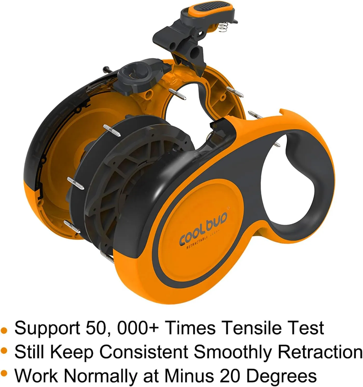 360 Tangle-Free, Heavy Duty Retractable Dog Leash with Anti-Slip Handle; 16 ft Reflective Strong Nylon Tape; for Large Dog or Cat up to 110 lbs; One-Handed Brake, Pause, Lock (Orange, Large)