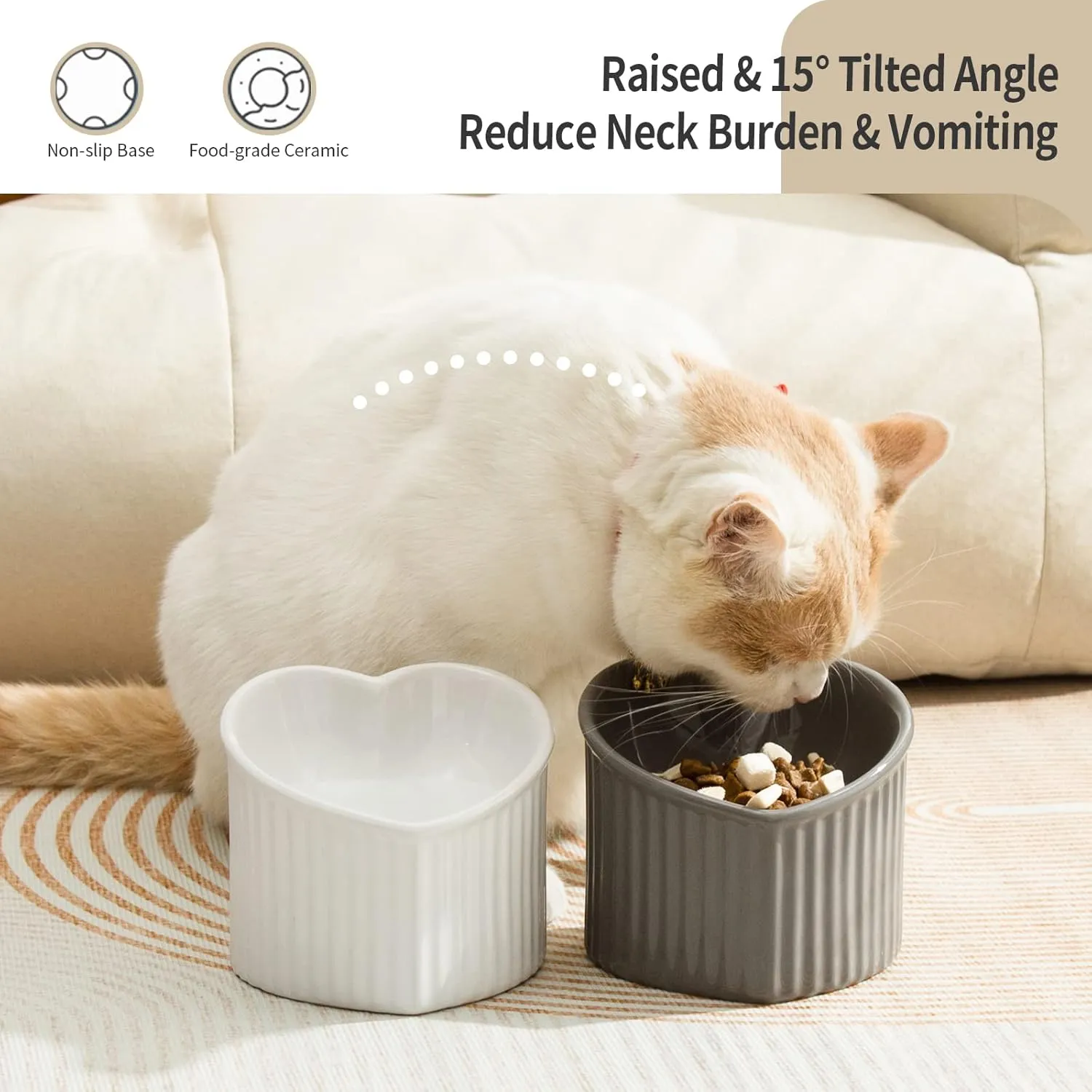 5.5 Inch Raised Tilted Cat Food Bowl, Elevated Ceramic Cat Bowl, Love Heart Shape, Slanted Pet Feeding Dish, Stress Free Feeder Bowl for Kitty, Small Cats, Protect Pet's Spine, 1 Pack - White