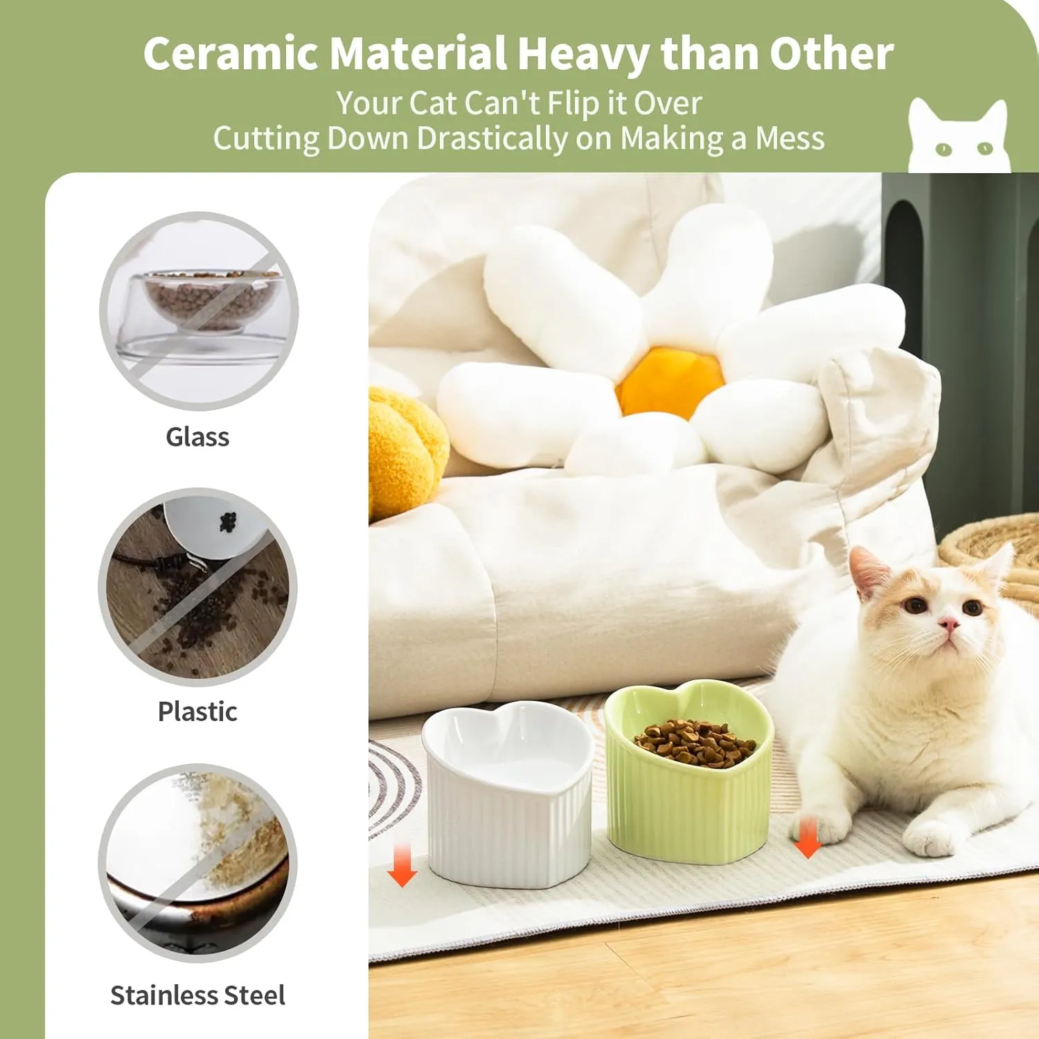 5.5 Inch Raised Tilted Cat Food Bowl, Elevated Ceramic Cat Bowl, Love Heart Shape, Slanted Pet Feeding Dish, Stress Free Feeder Bowl for Kitty, Small Cats, Protect Pet's Spine, 1 Pack - White