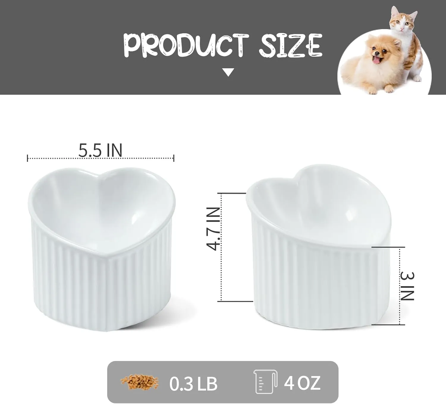5.5 Inch Raised Tilted Cat Food Bowl, Elevated Ceramic Cat Bowl, Love Heart Shape, Slanted Pet Feeding Dish, Stress Free Feeder Bowl for Kitty, Small Cats, Protect Pet's Spine, 1 Pack - White