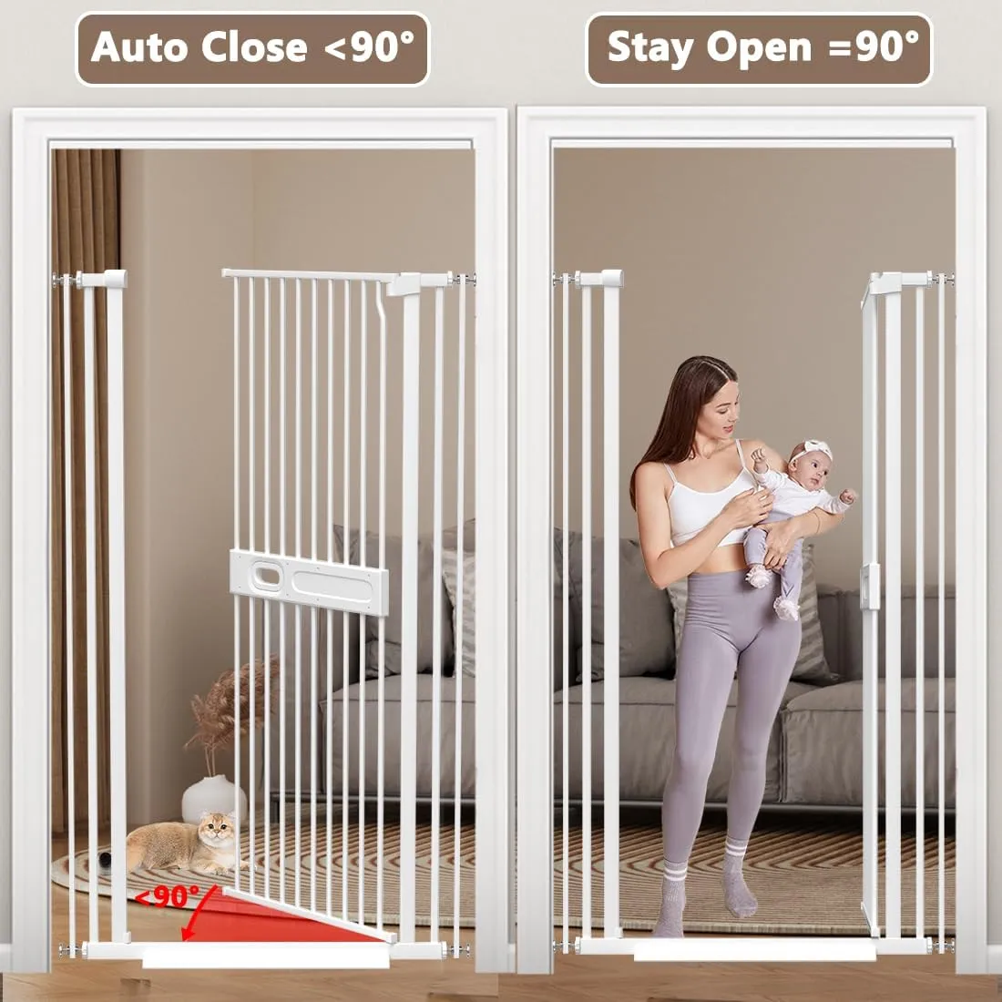 71" Extra Tall Pet Gate, 29.6"-45.3" Wide Baby Gate for Cats Dogs, No Climb No Drill Indoor Pet Barrier With Easy Open Handle for Stairs Walk Through, White