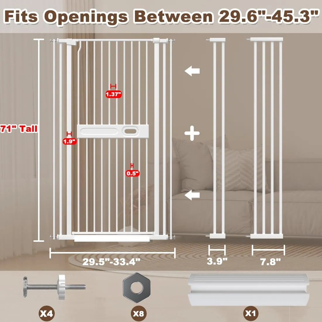 71" Extra Tall Pet Gate, 29.6"-45.3" Wide Baby Gate for Cats Dogs, No Climb No Drill Indoor Pet Barrier With Easy Open Handle for Stairs Walk Through, White