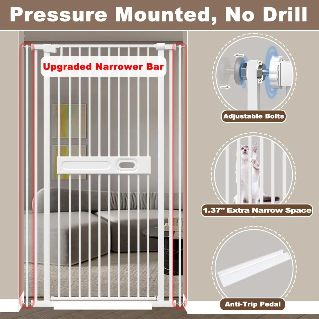 71" Extra Tall Pet Gate, 29.6"-45.3" Wide Baby Gate for Cats Dogs, No Climb No Drill Indoor Pet Barrier With Easy Open Handle for Stairs Walk Through, White