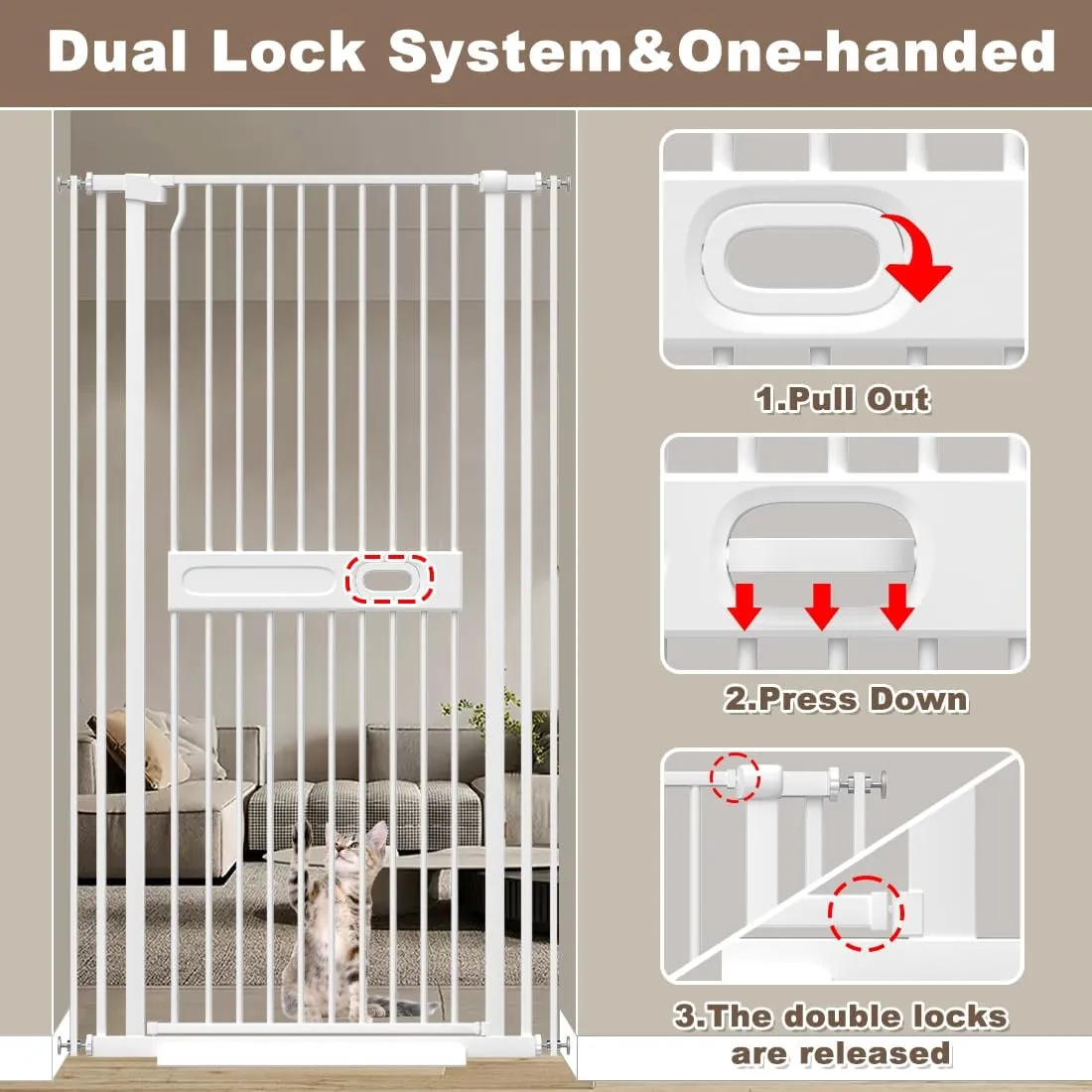 71" Extra Tall Pet Gate, 29.6"-45.3" Wide Baby Gate for Cats Dogs, No Climb No Drill Indoor Pet Barrier With Easy Open Handle for Stairs Walk Through, White