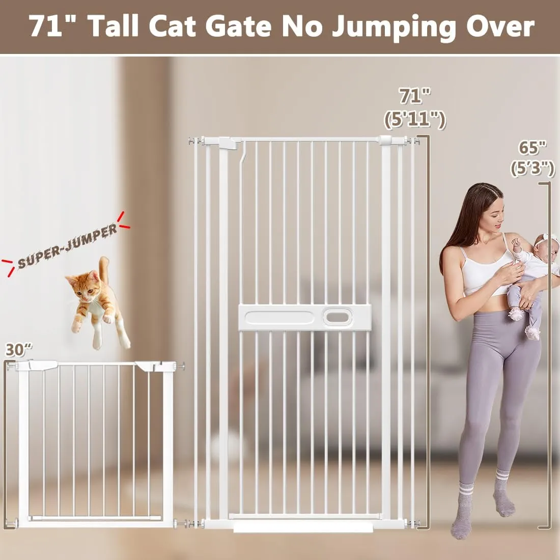 71" Extra Tall Pet Gate, 29.6"-45.3" Wide Baby Gate for Cats Dogs, No Climb No Drill Indoor Pet Barrier With Easy Open Handle for Stairs Walk Through, White