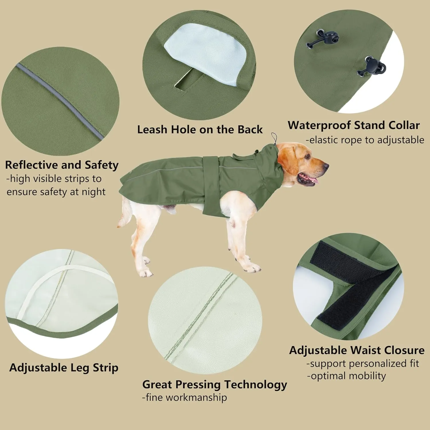 Adjustable Waterproof Dog Raincoat for Dogs,Lightweight Pet Rain Jacket Puppy Clothes with Reflective Strip for Small Medium Large Dogs (Army Green, Medium)