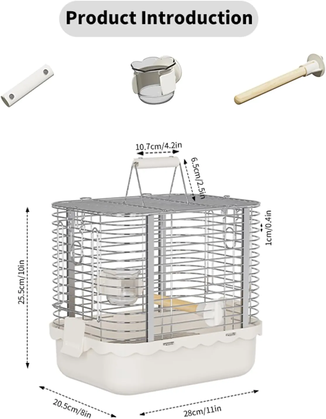 Bird Carrier Travel Cage, Durable Portable Stainless Steel Birdcage with Bird Perch & Feeding Bowl for Parrots Canaries Budgies Lovebirds Conures Cockatiels (Small White)