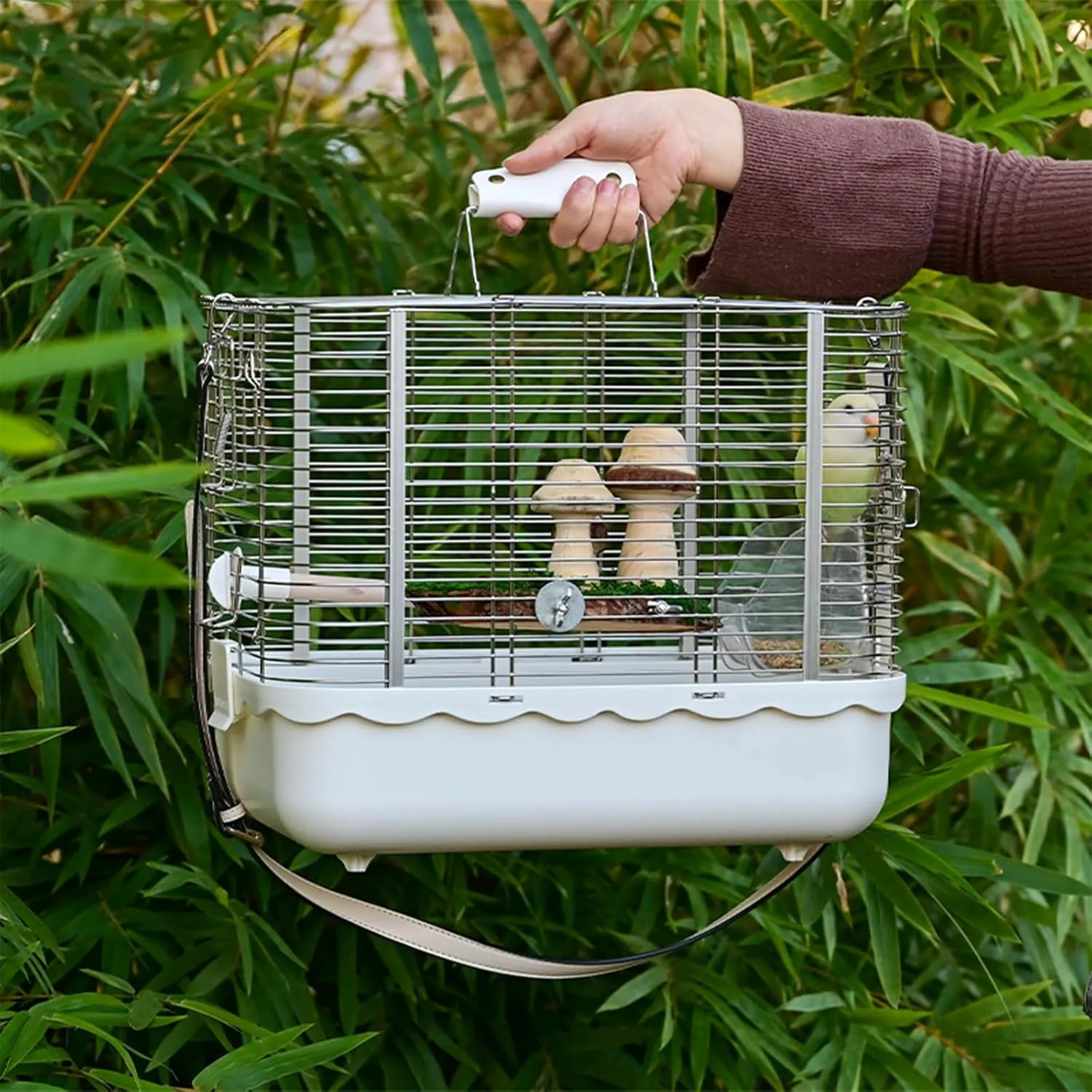 Bird Carrier Travel Cage, Durable Portable Stainless Steel Birdcage with Bird Perch & Feeding Bowl for Parrots Canaries Budgies Lovebirds Conures Cockatiels (Small White)