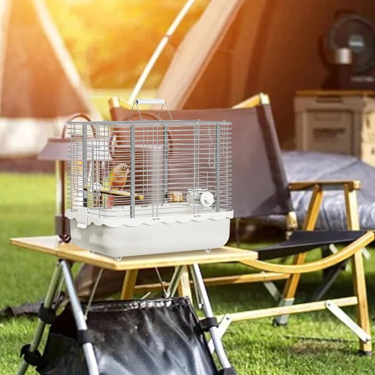 Bird Carrier Travel Cage, Durable Portable Stainless Steel Birdcage with Bird Perch & Feeding Bowl for Parrots Canaries Budgies Lovebirds Conures Cockatiels (Small White)