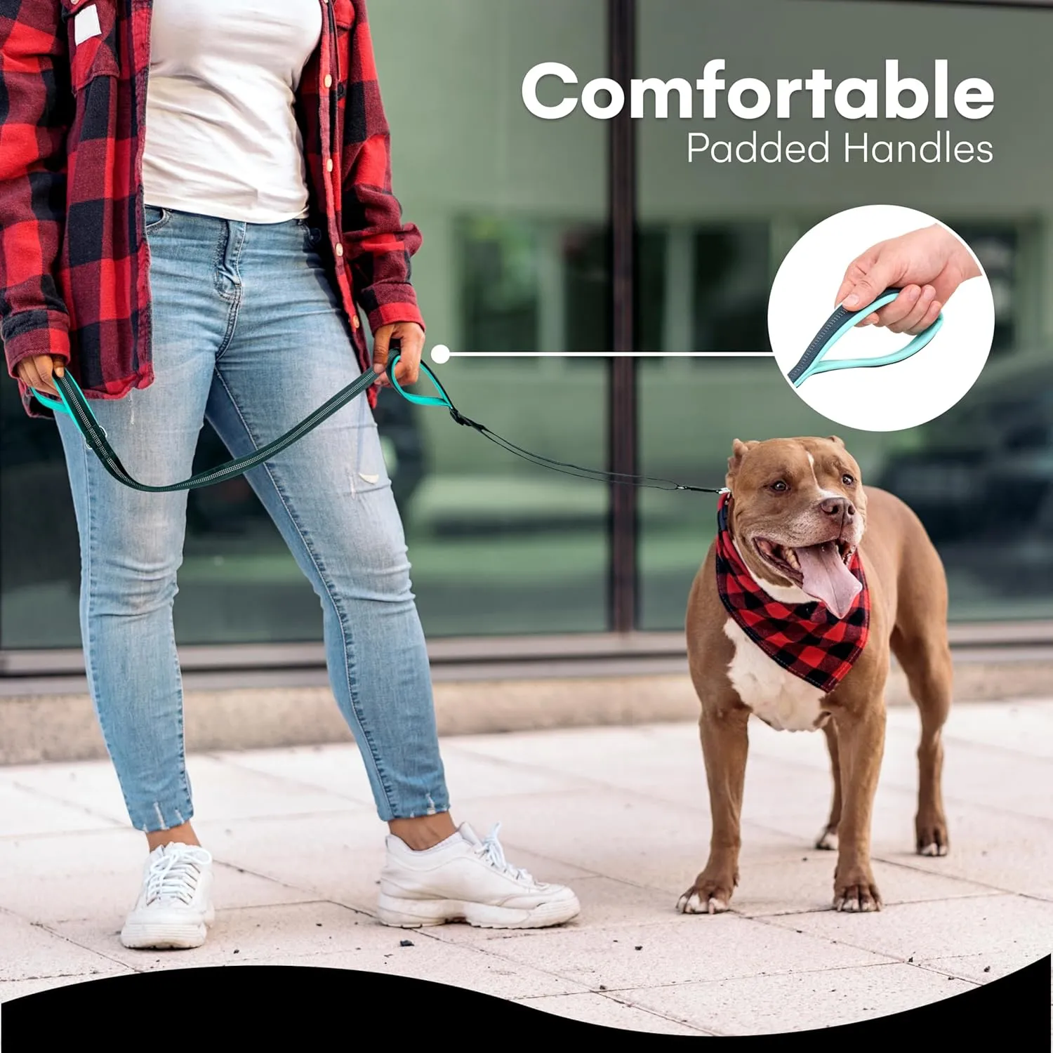 Black Rhino Double Handle Dog Leash - Heavy Duty Adjustable Leash for Large Dogs That Pull - Reflective Two Handle Neoprene Padded Design - 5 to 6 ft - Includes Pouch for Treats and Essentials - Aqua