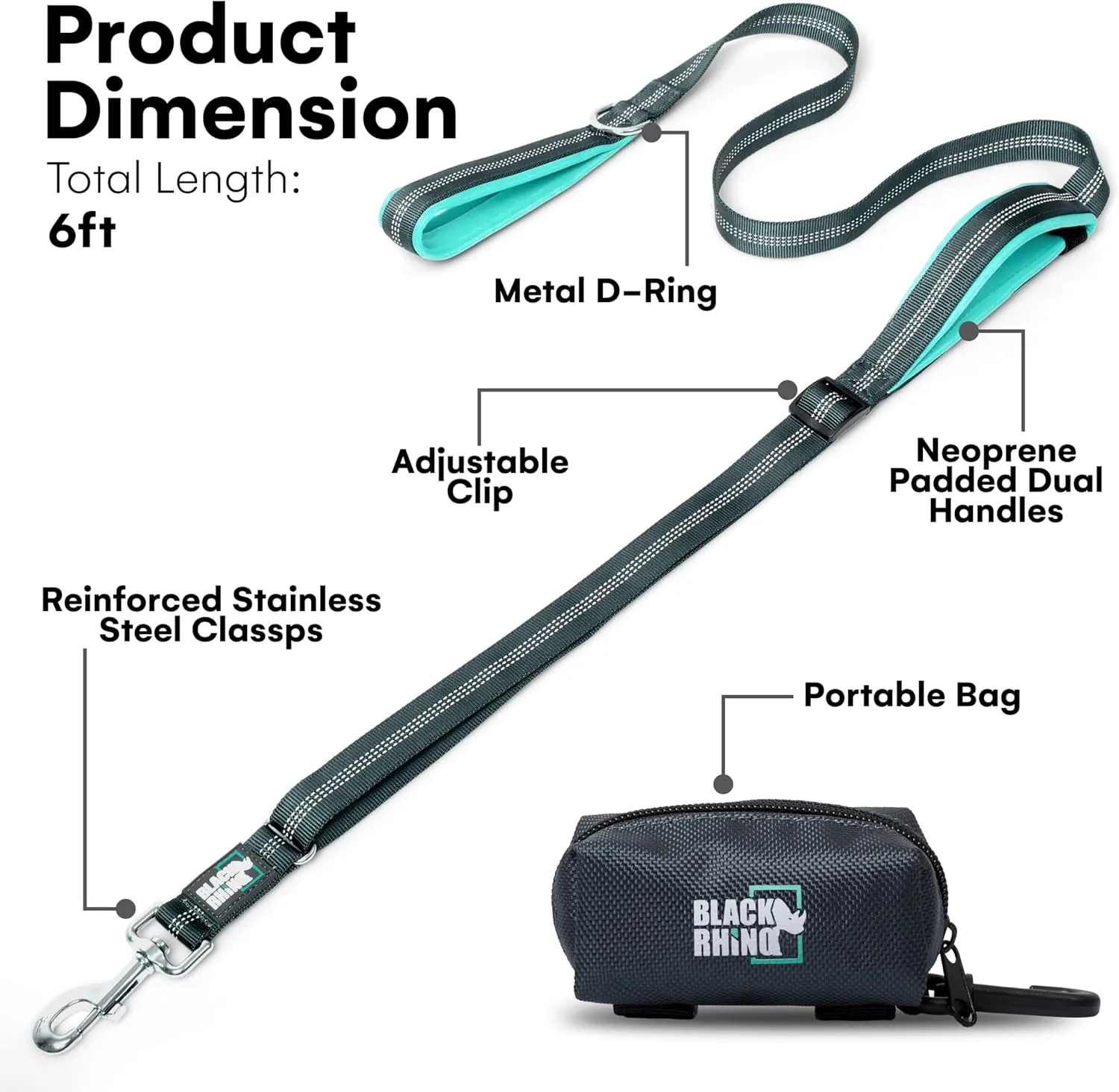 Black Rhino Double Handle Dog Leash - Heavy Duty Adjustable Leash for Large Dogs That Pull - Reflective Two Handle Neoprene Padded Design - 5 to 6 ft - Includes Pouch for Treats and Essentials - Aqua