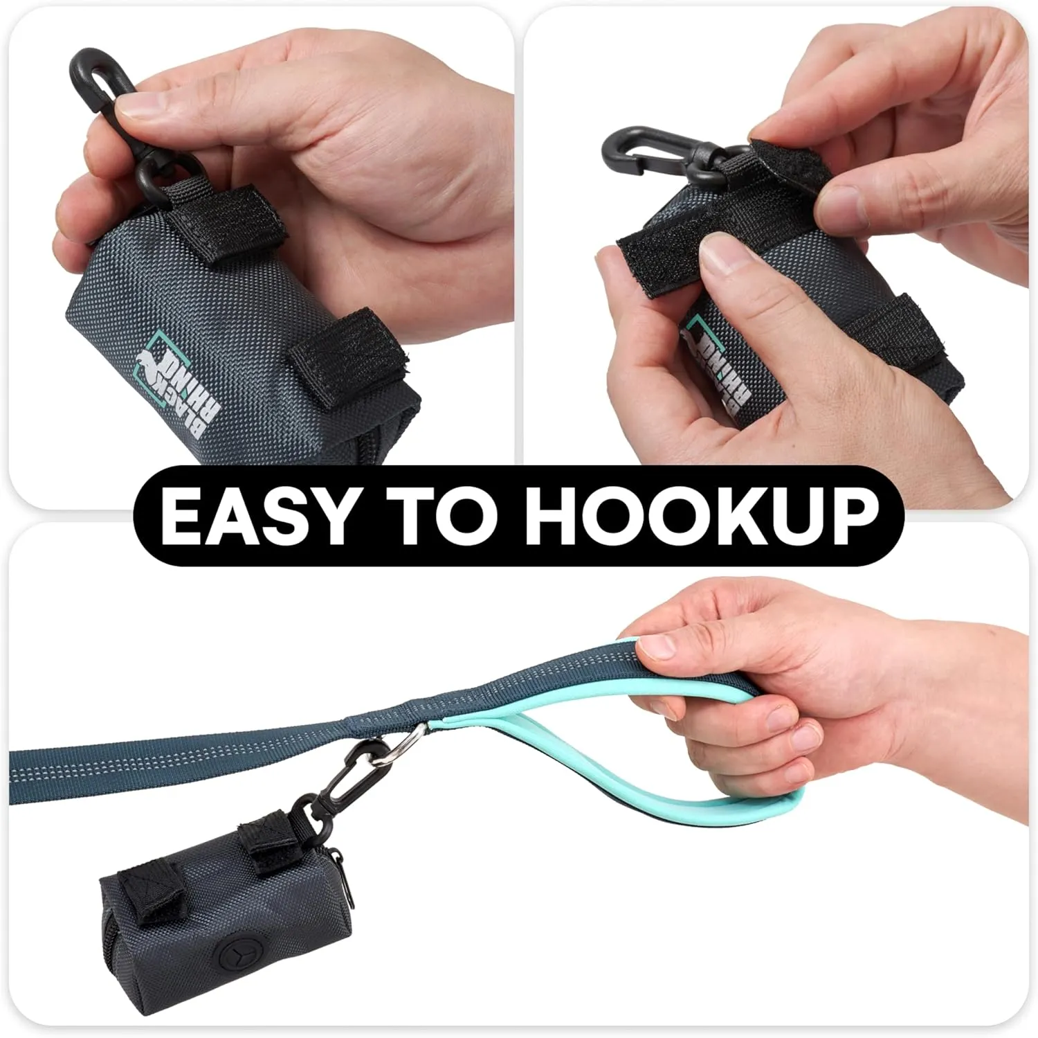 Black Rhino Double Handle Dog Leash - Heavy Duty Adjustable Leash for Large Dogs That Pull - Reflective Two Handle Neoprene Padded Design - 5 to 6 ft - Includes Pouch for Treats and Essentials - Aqua