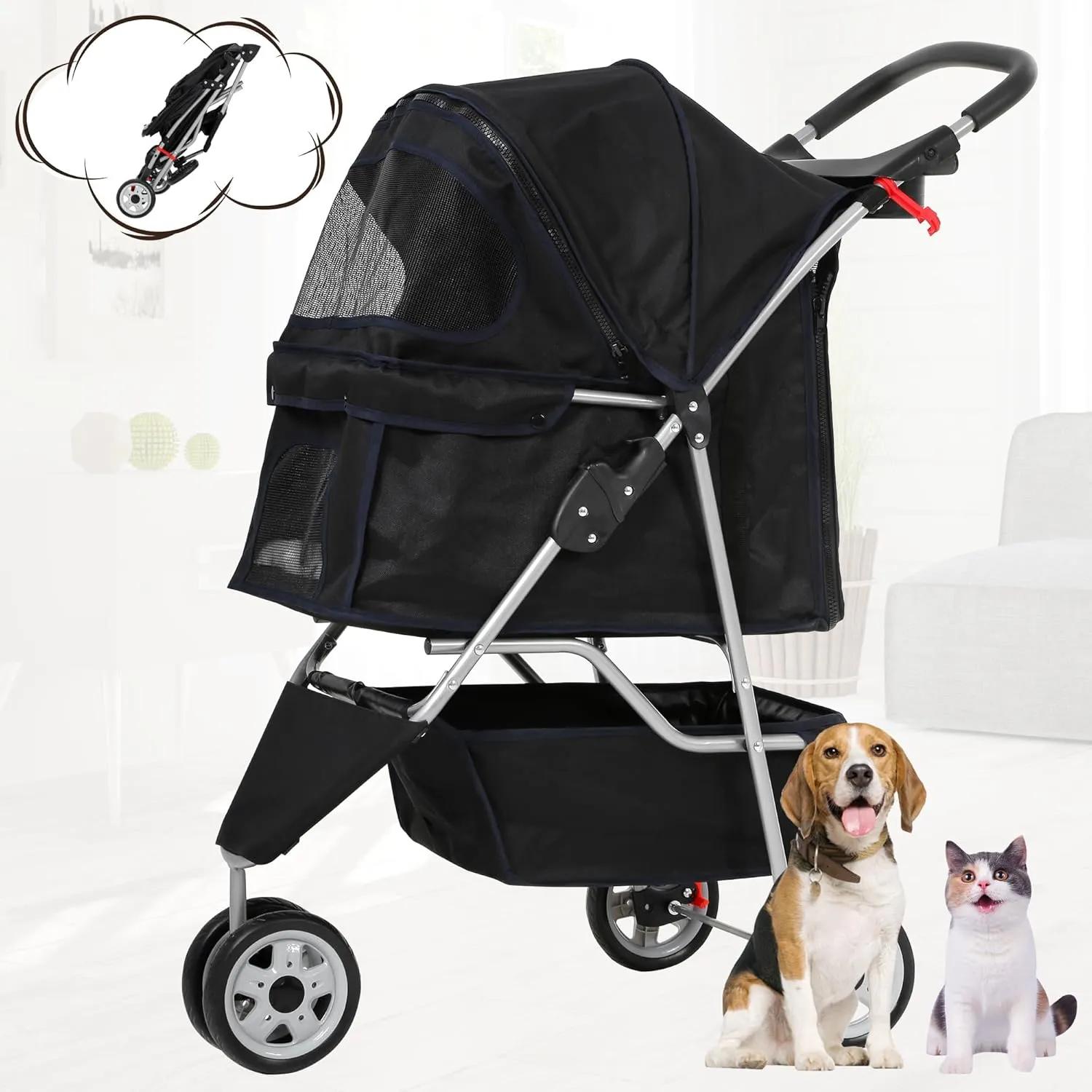 BLKMTY Folding Dog Stroller 3 Wheels Cat Stroller Foldable Strollers Waterproof Travel Carrier Strolling Cart for Puppy Jogger Strollers W/Cup Holder & Storage Basket, Black