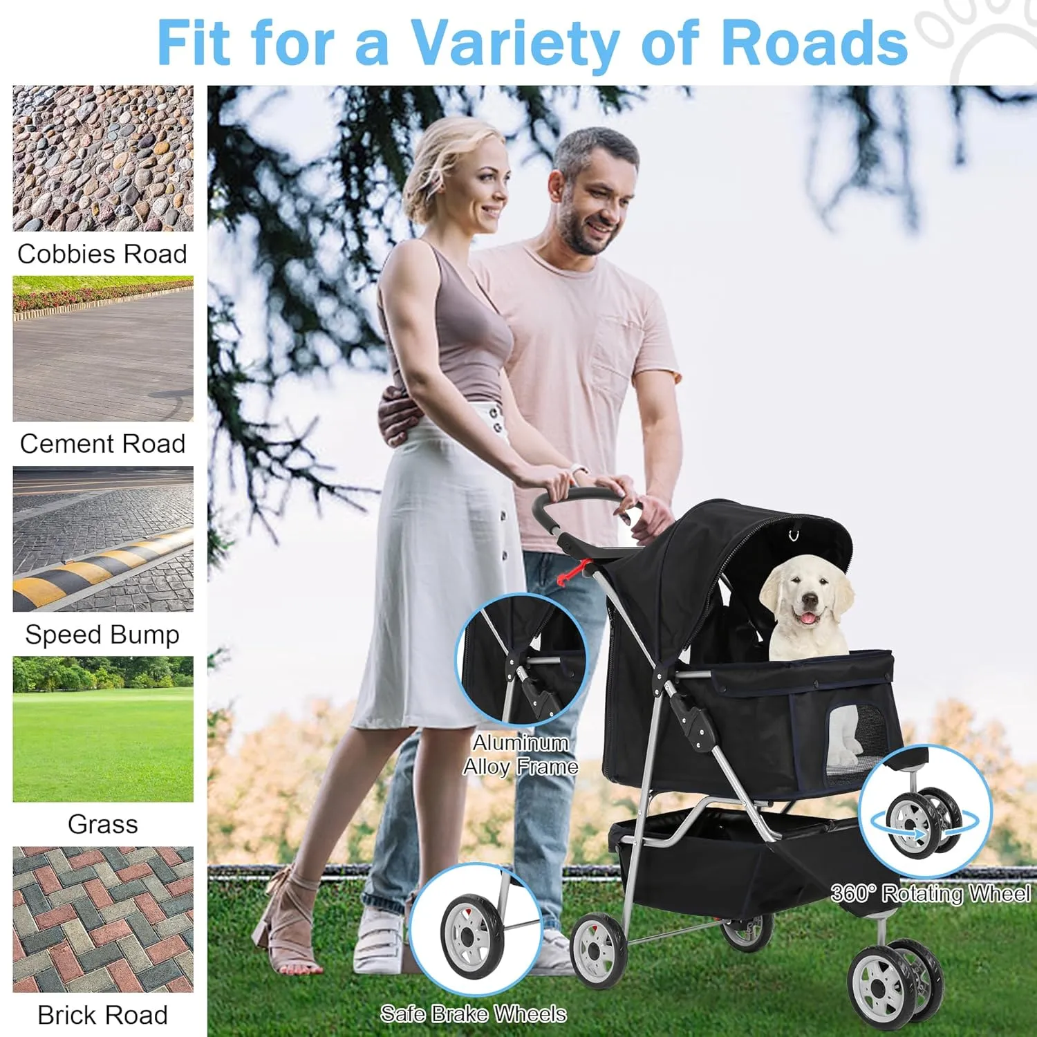 BLKMTY Folding Dog Stroller 3 Wheels Cat Stroller Foldable Strollers Waterproof Travel Carrier Strolling Cart for Puppy Jogger Strollers W/Cup Holder & Storage Basket, Black