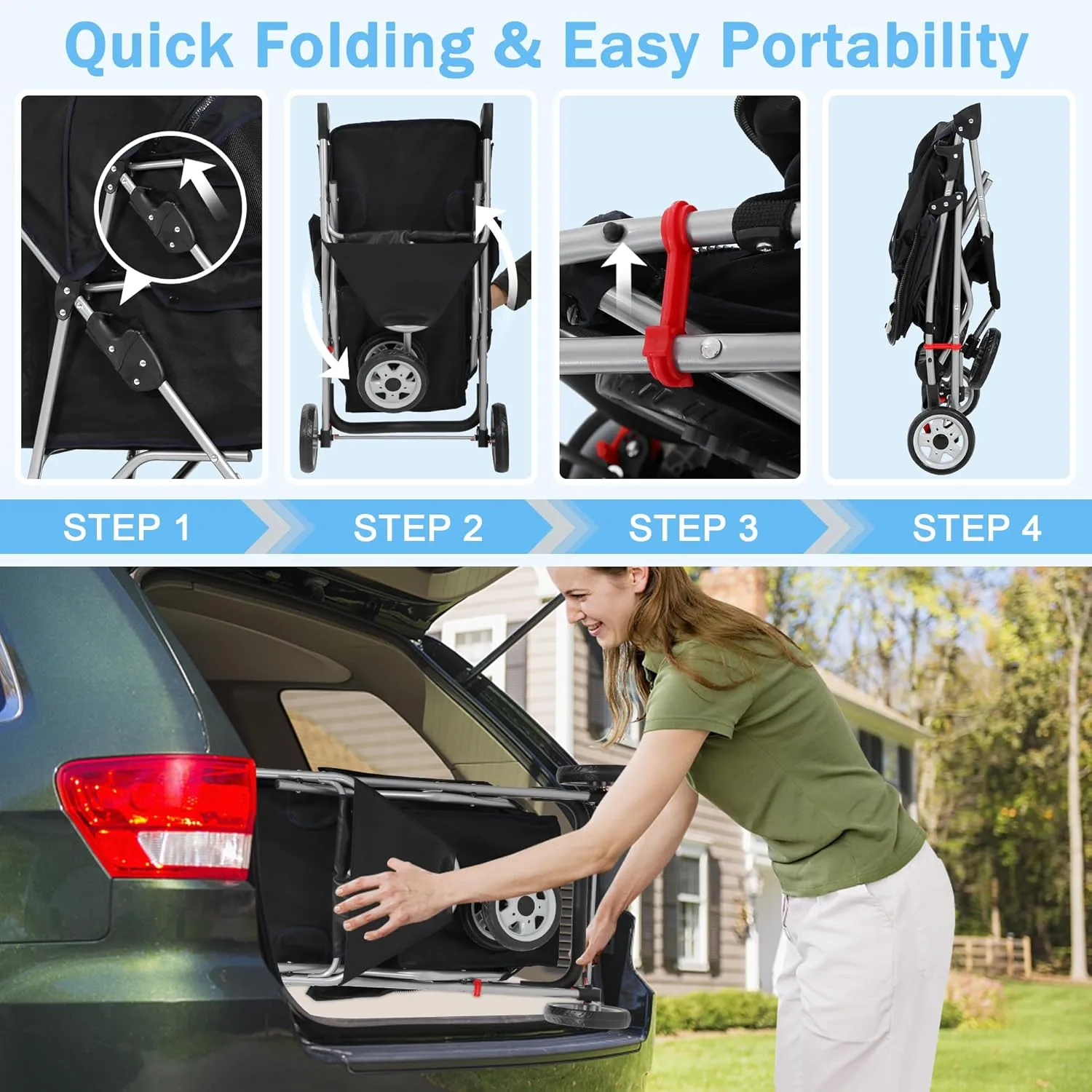 BLKMTY Folding Dog Stroller 3 Wheels Cat Stroller Foldable Strollers Waterproof Travel Carrier Strolling Cart for Puppy Jogger Strollers W/Cup Holder & Storage Basket, Black