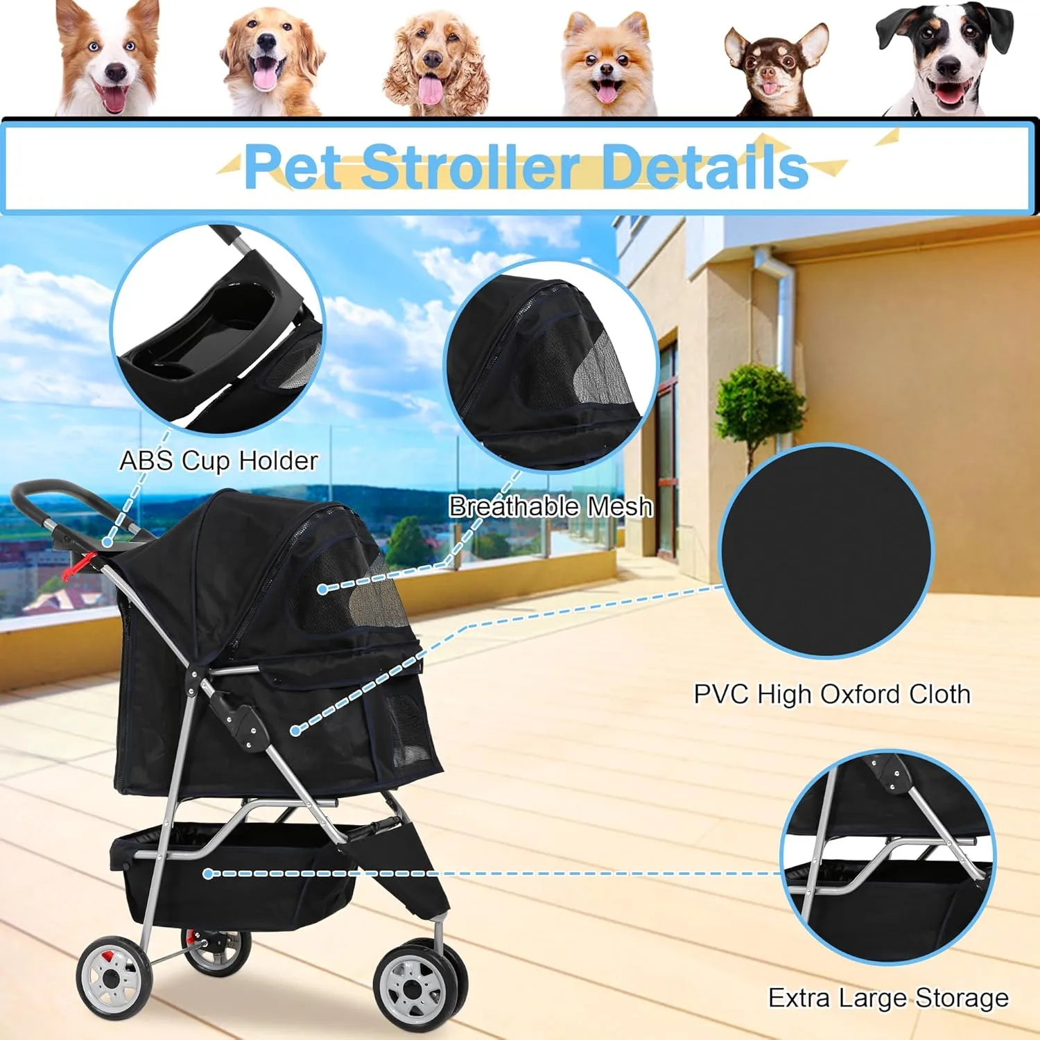 BLKMTY Folding Dog Stroller 3 Wheels Cat Stroller Foldable Strollers Waterproof Travel Carrier Strolling Cart for Puppy Jogger Strollers W/Cup Holder & Storage Basket, Black