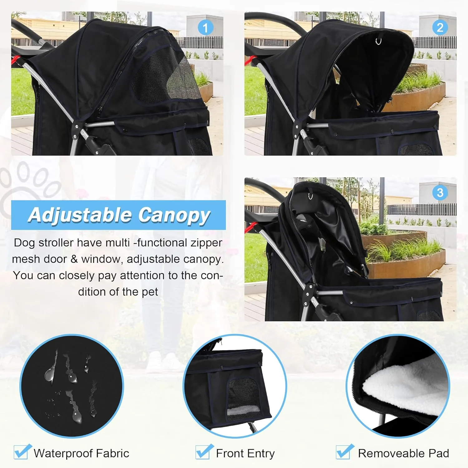 BLKMTY Folding Dog Stroller 3 Wheels Cat Stroller Foldable Strollers Waterproof Travel Carrier Strolling Cart for Puppy Jogger Strollers W/Cup Holder & Storage Basket, Black