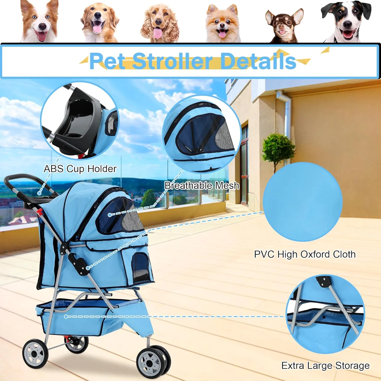 BLKMTY Pet Stroller Folding Dog Stroller 3 Wheels Cat Stroller Foldable Stroller Waterproof Travel Carrier Strolling Cart for Puppy Jogger Stroller W/Cup Holder & Storage Basket, Blue