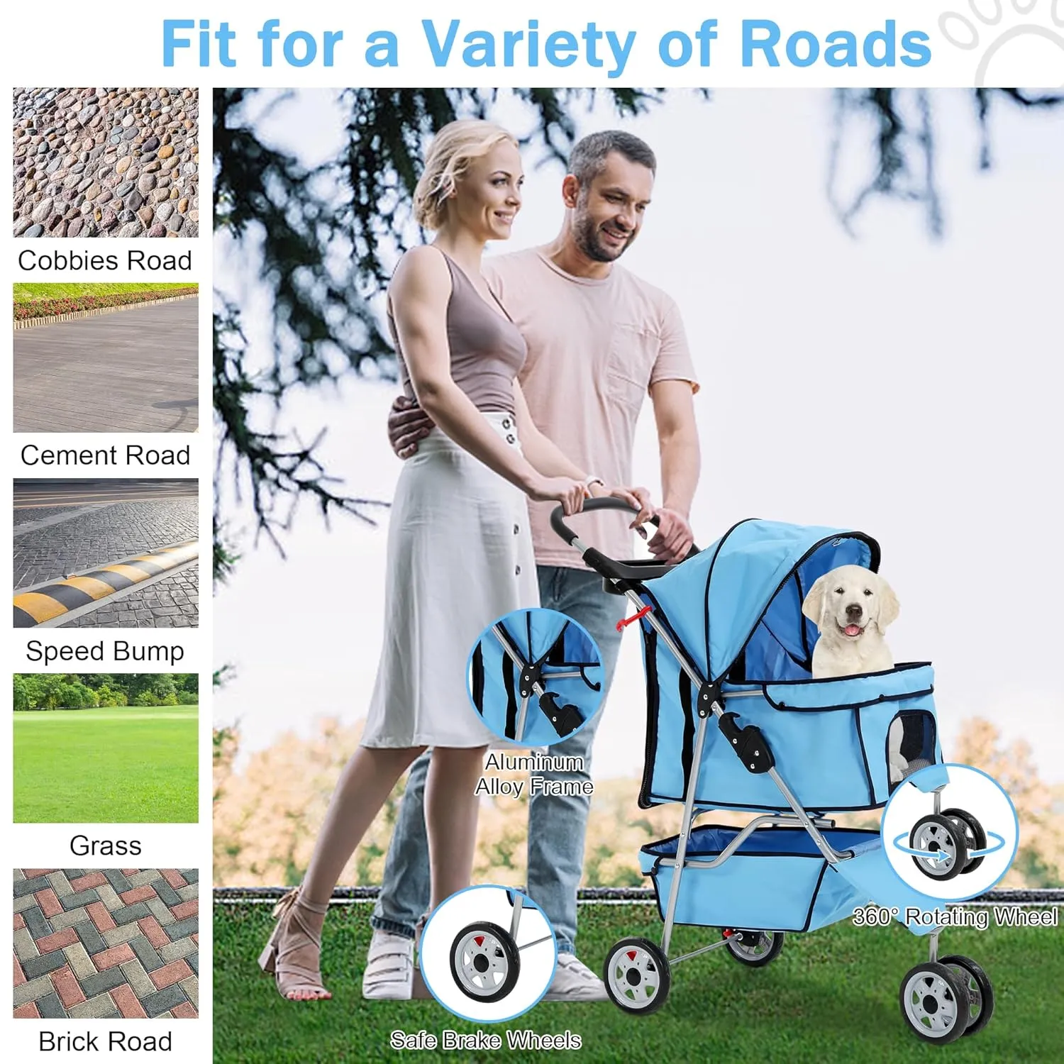 BLKMTY Pet Stroller Folding Dog Stroller 3 Wheels Cat Stroller Foldable Stroller Waterproof Travel Carrier Strolling Cart for Puppy Jogger Stroller W/Cup Holder & Storage Basket, Blue