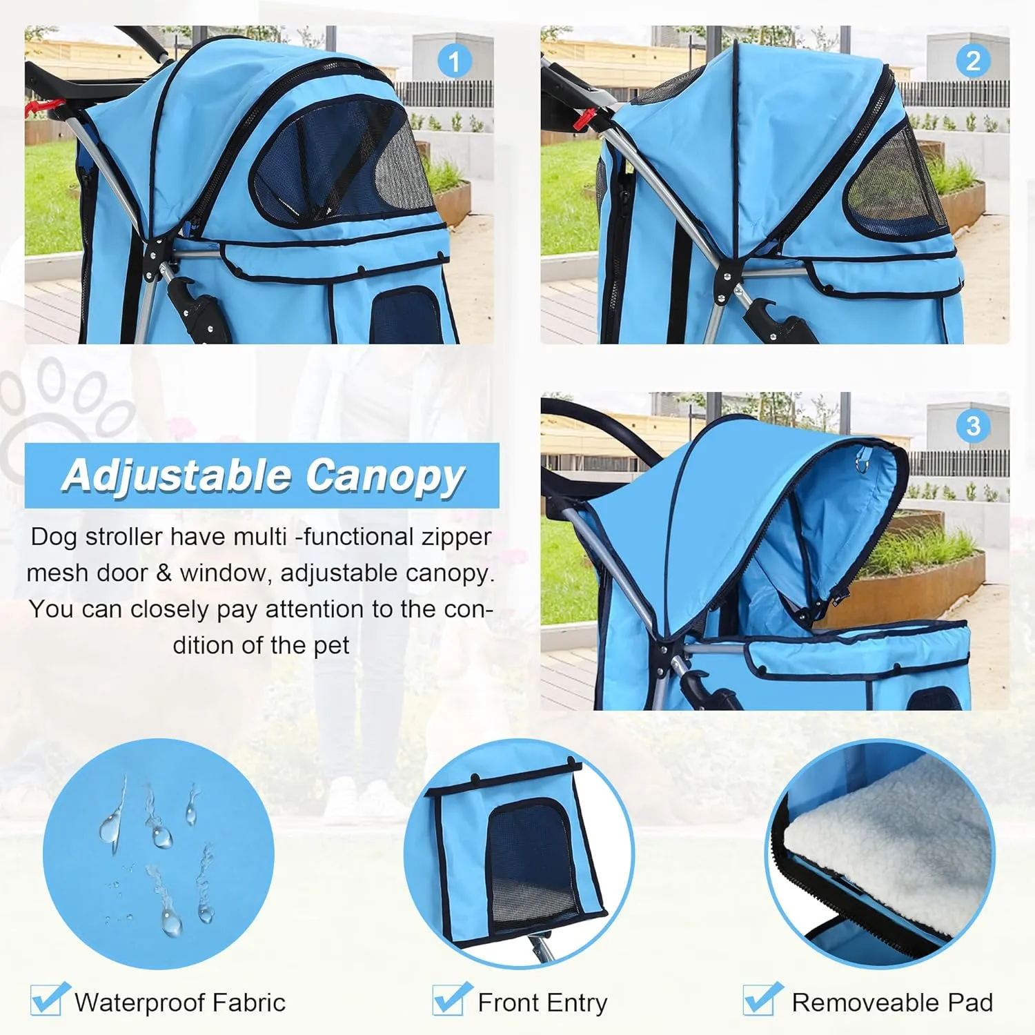 BLKMTY Pet Stroller Folding Dog Stroller 3 Wheels Cat Stroller Foldable Stroller Waterproof Travel Carrier Strolling Cart for Puppy Jogger Stroller W/Cup Holder & Storage Basket, Blue