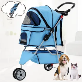 BLKMTY Pet Stroller Folding Dog Stroller 3 Wheels Cat Stroller Foldable Stroller Waterproof Travel Carrier Strolling Cart for Puppy Jogger Stroller W/Cup Holder & Storage Basket, Blue