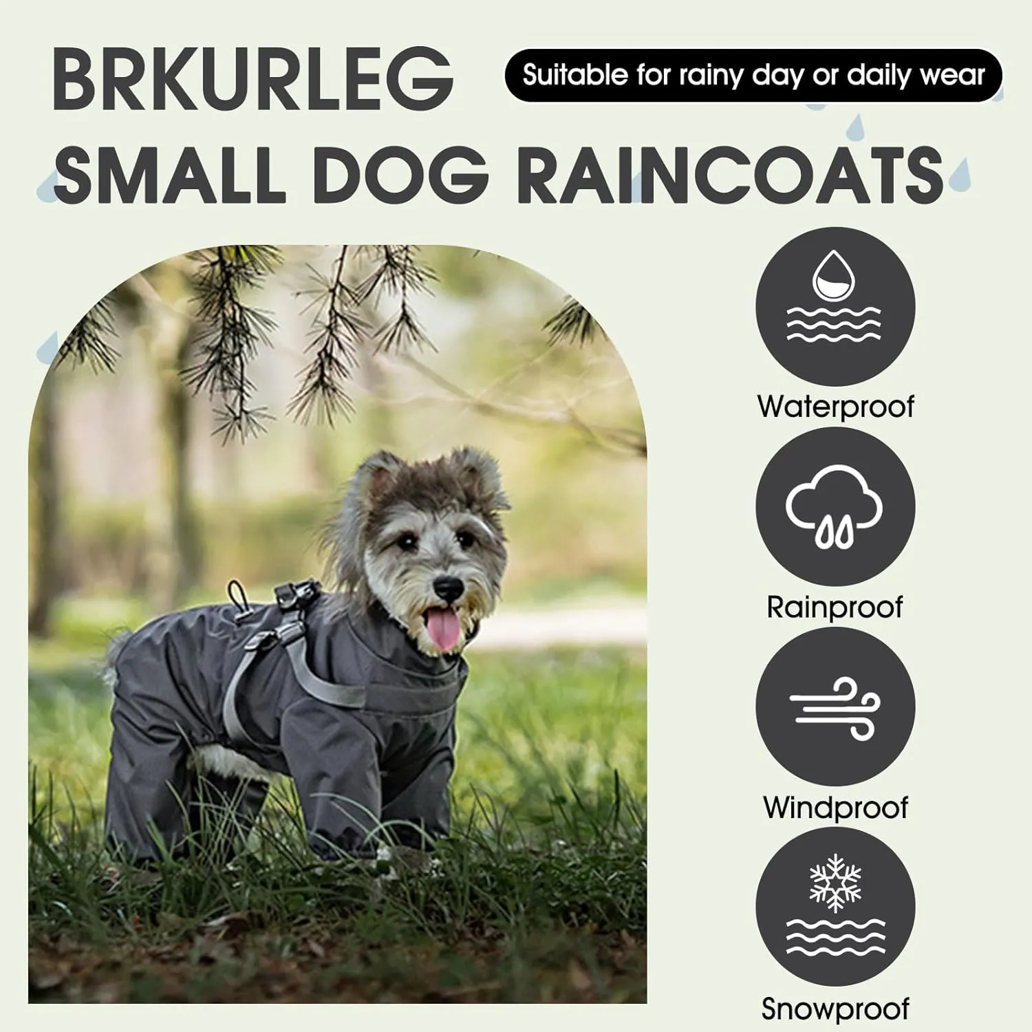 BRKURLEG Dog Raincoat with Harness for Small Dogs, Adjustable Waterproof Dog Rain Jacket, Reflective Rainproof Puppy 4 Legs Raincoat, Full Body Pet Rain Jacket, Dark Grey, S
