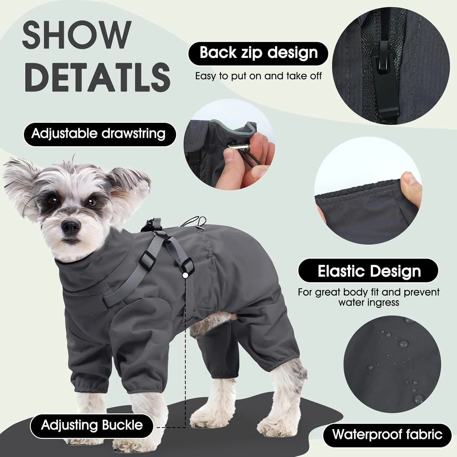 BRKURLEG Dog Raincoat with Harness for Small Dogs, Adjustable Waterproof Dog Rain Jacket, Reflective Rainproof Puppy 4 Legs Raincoat, Full Body Pet Rain Jacket, Dark Grey, S