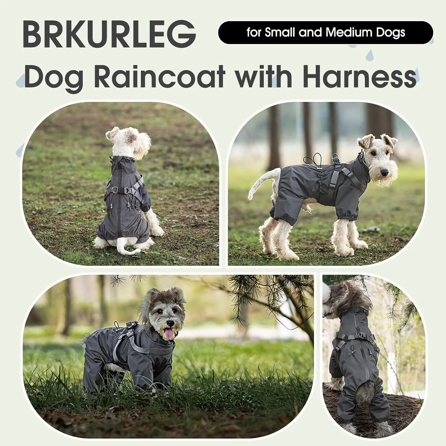 BRKURLEG Dog Raincoat with Harness for Small Dogs, Adjustable Waterproof Dog Rain Jacket, Reflective Rainproof Puppy 4 Legs Raincoat, Full Body Pet Rain Jacket, Dark Grey, S