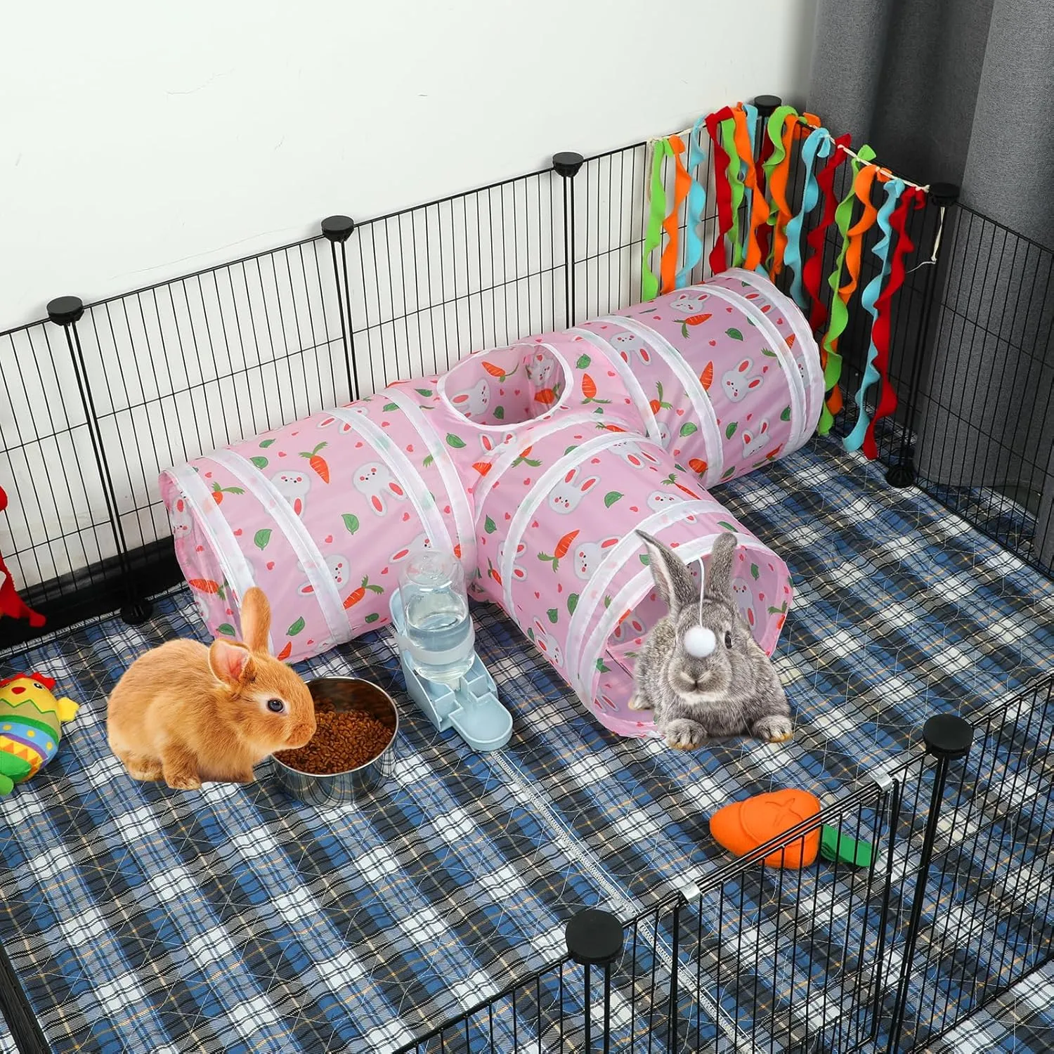 BWOGUE Bunny Tunnels & Tubes Collapsible 3 Way Bunny Hideout Small Animal Activity Tunnel Toys for Dwarf Rabbits Bunny Guinea Pigs Kitty(Pink)