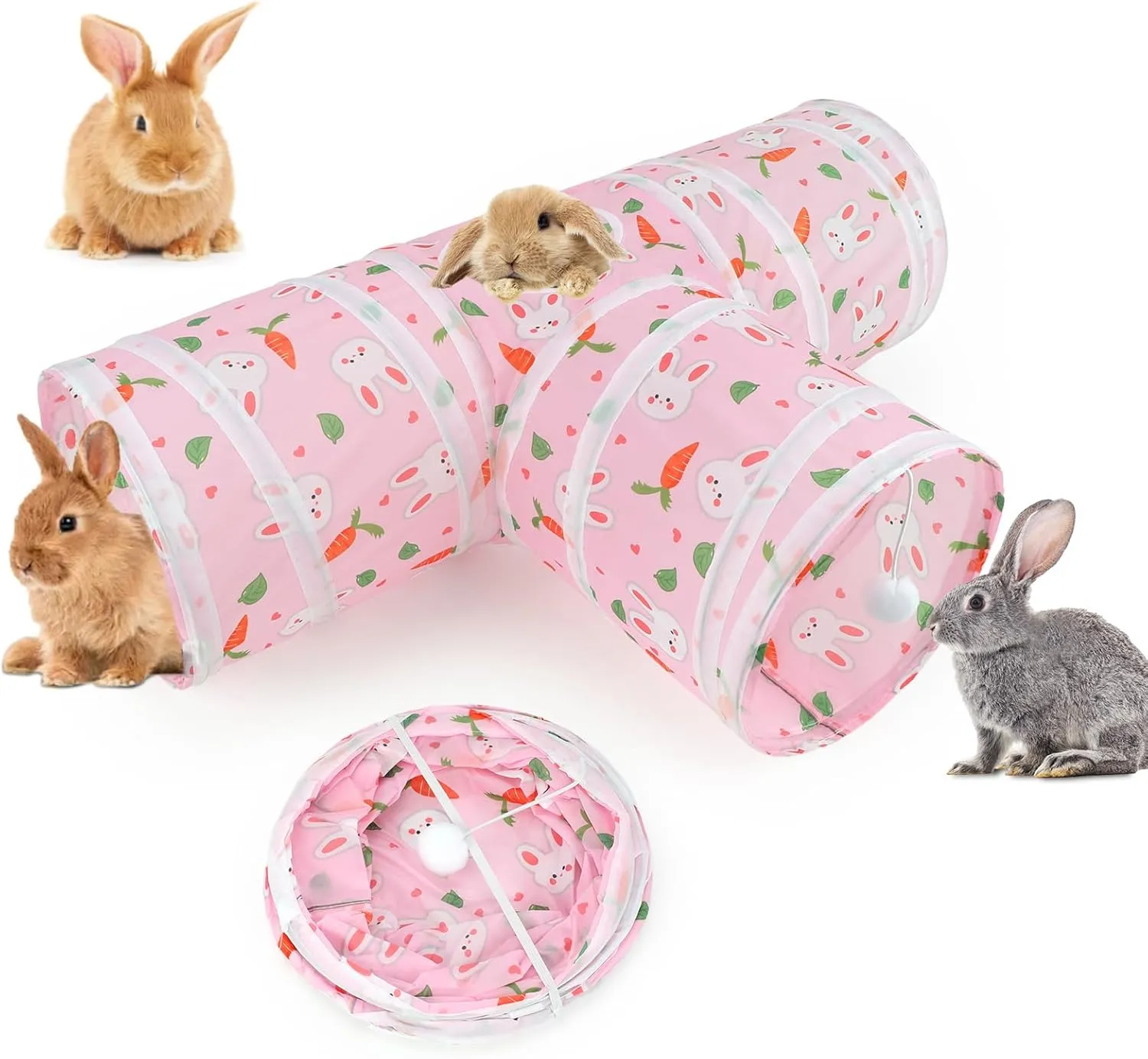 BWOGUE Bunny Tunnels & Tubes Collapsible 3 Way Bunny Hideout Small Animal Activity Tunnel Toys for Dwarf Rabbits Bunny Guinea Pigs Kitty(Pink)