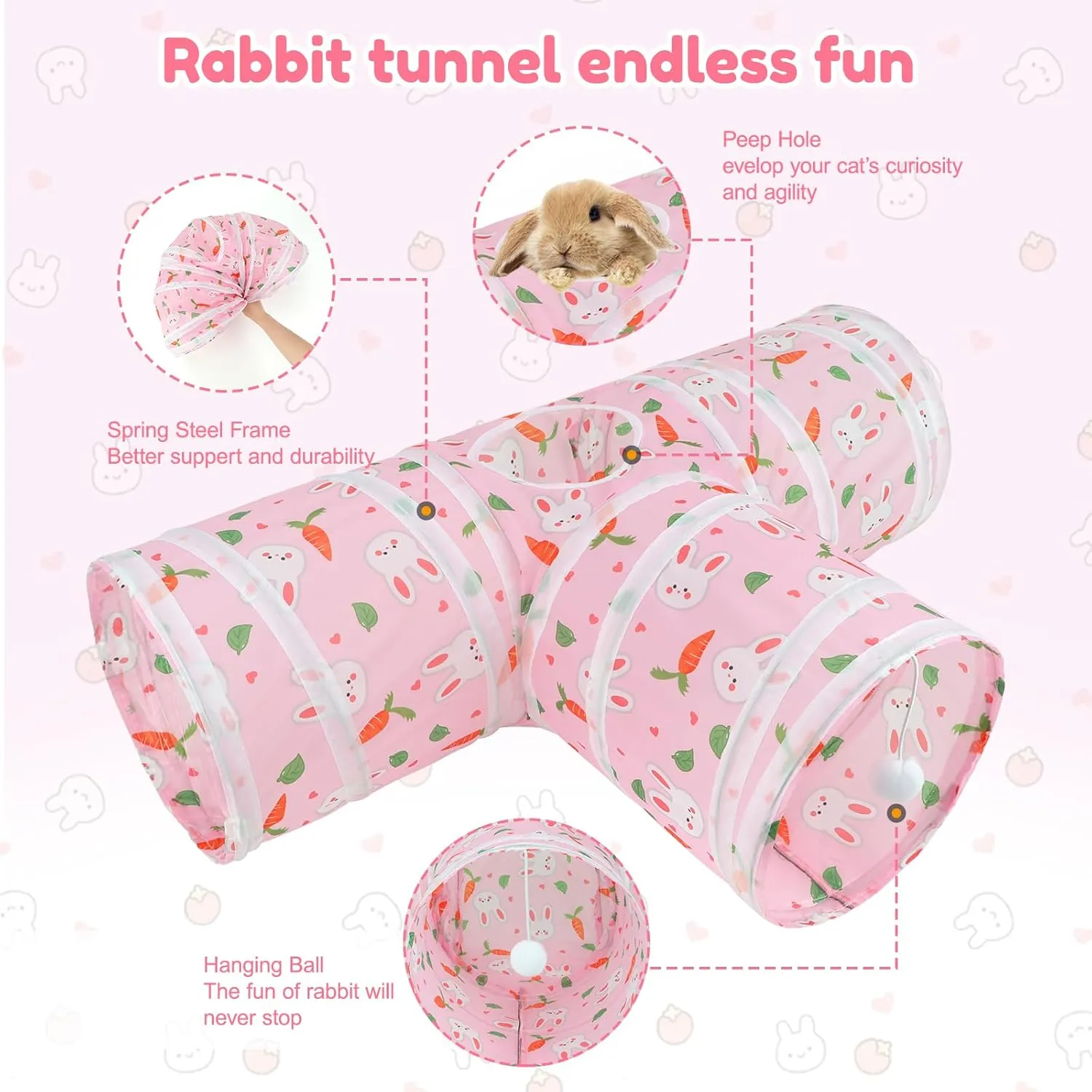 BWOGUE Bunny Tunnels & Tubes Collapsible 3 Way Bunny Hideout Small Animal Activity Tunnel Toys for Dwarf Rabbits Bunny Guinea Pigs Kitty(Pink)