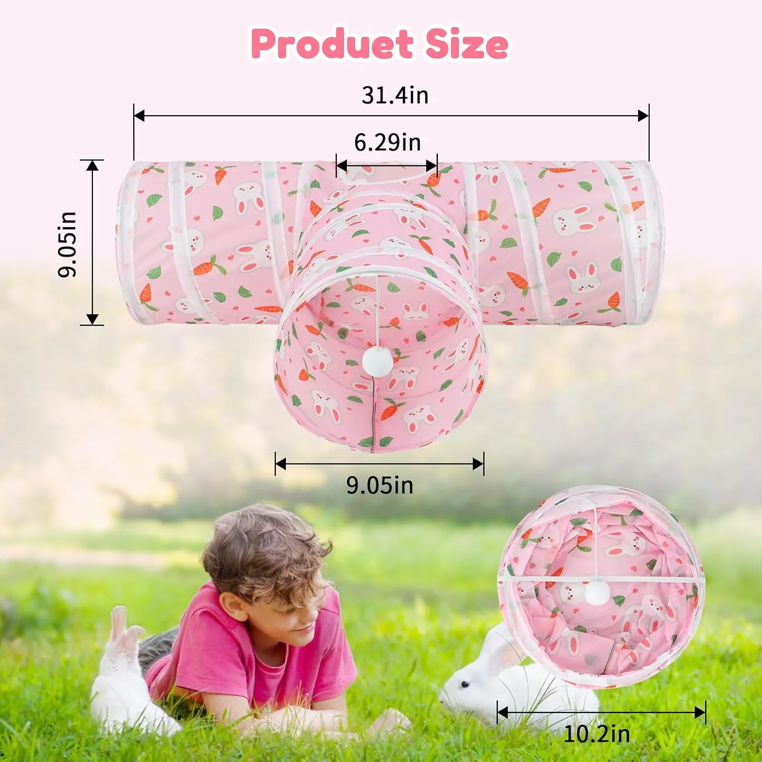 BWOGUE Bunny Tunnels & Tubes Collapsible 3 Way Bunny Hideout Small Animal Activity Tunnel Toys for Dwarf Rabbits Bunny Guinea Pigs Kitty(Pink)