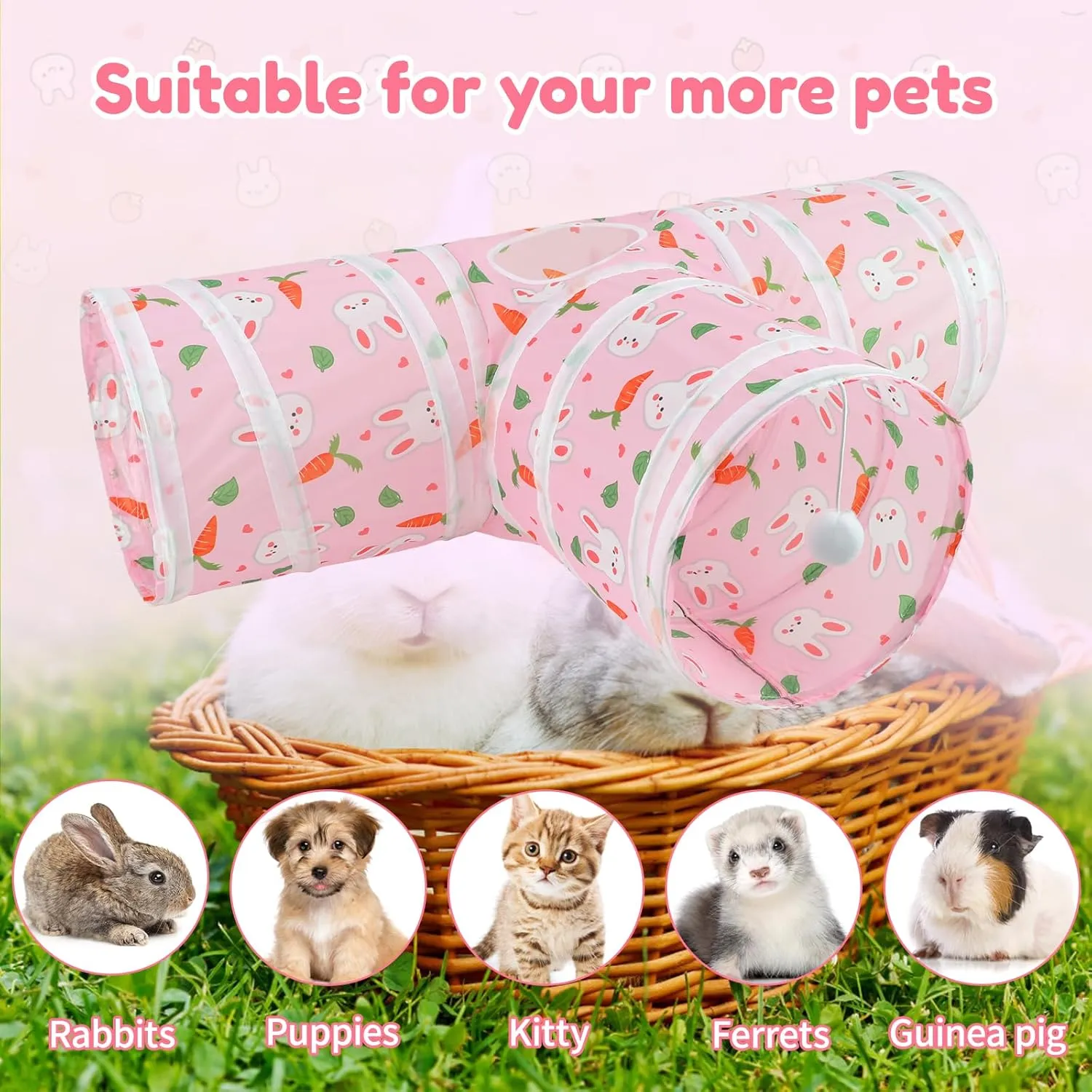 BWOGUE Bunny Tunnels & Tubes Collapsible 3 Way Bunny Hideout Small Animal Activity Tunnel Toys for Dwarf Rabbits Bunny Guinea Pigs Kitty(Pink)