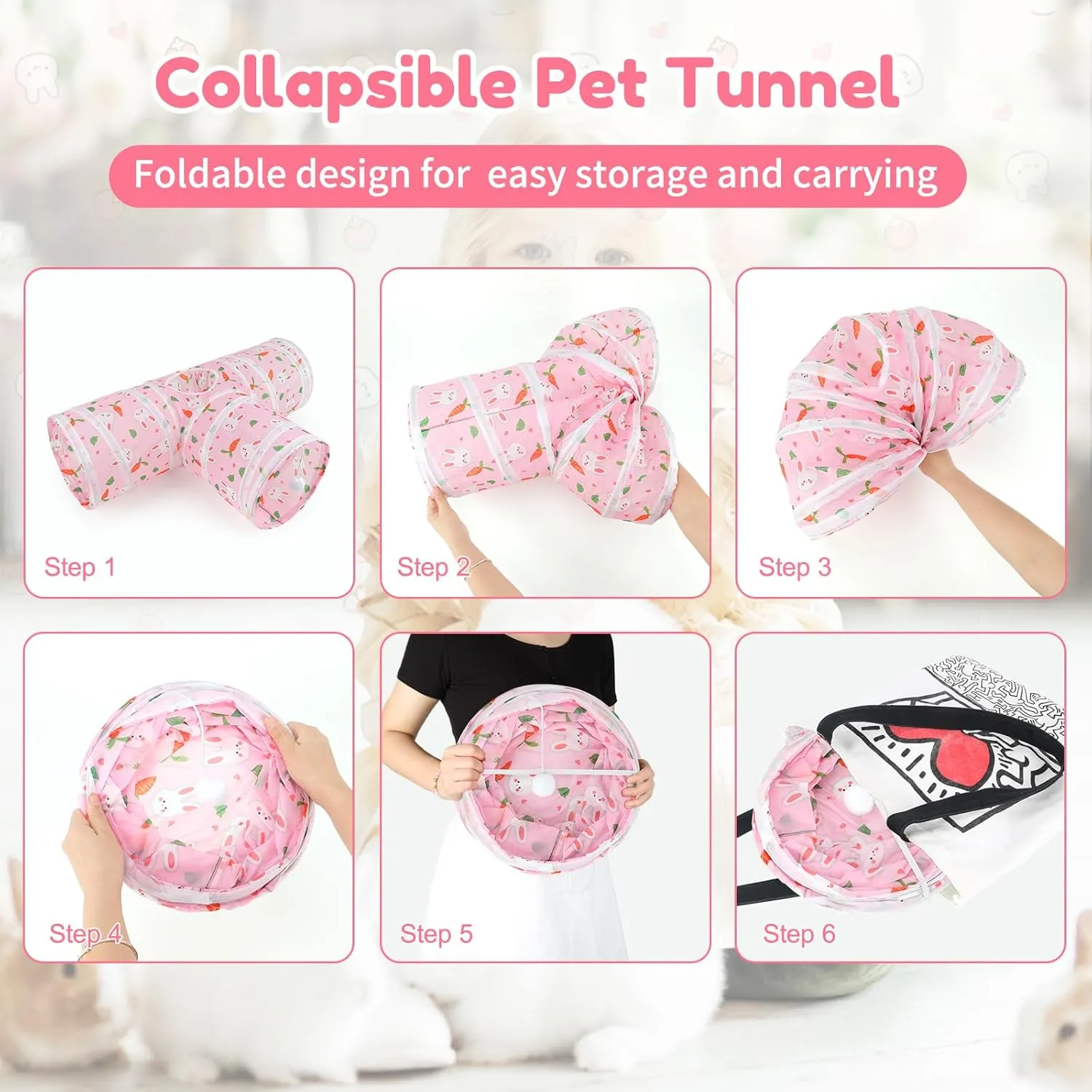 BWOGUE Bunny Tunnels & Tubes Collapsible 3 Way Bunny Hideout Small Animal Activity Tunnel Toys for Dwarf Rabbits Bunny Guinea Pigs Kitty(Pink)