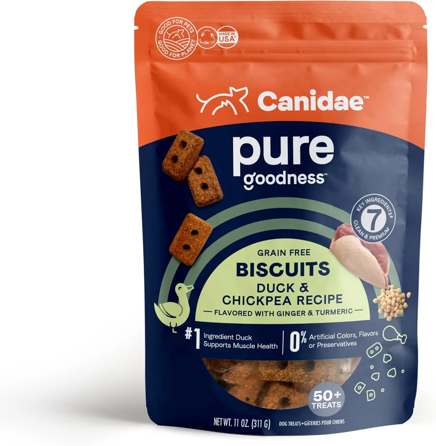 Canidae Pure Dog Treat Biscuits with Duck & Chickpeas, 11 oz, Grain Free