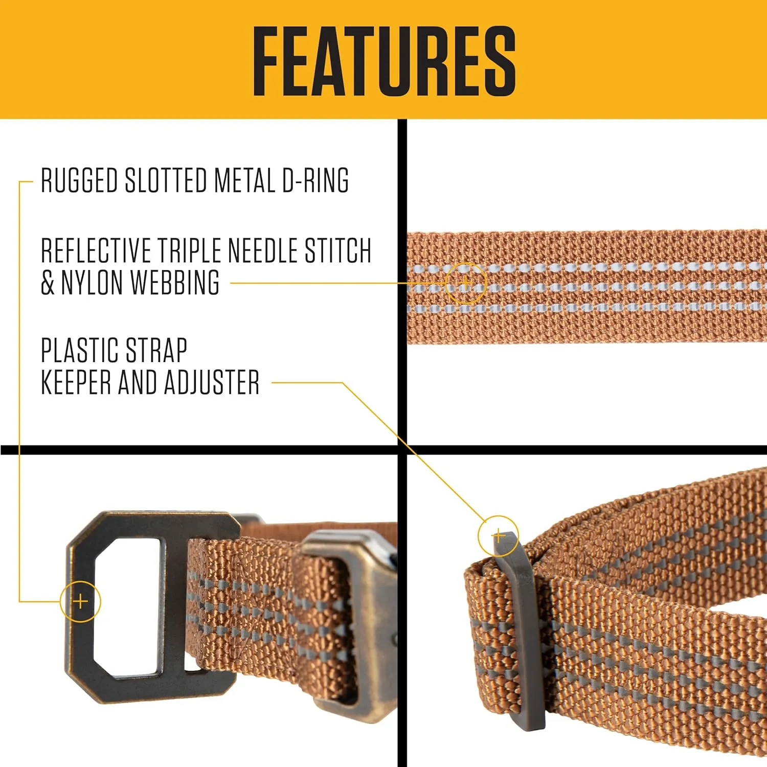 Carhartt Fully Adjustable Nylon Webbing Collars for Dogs, Reflective Stitching for Visibility, Carhartt Brown (Nylon Webbing), Medium