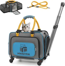 Cat Dog Carrier with Wheels, Pet Travel Carrier Crate for Small Dogs, Soft Cat Carrier Two Sided Expandable for Small Dogs Under 20LBS (17 x 15.5 x 12.5 Inches)