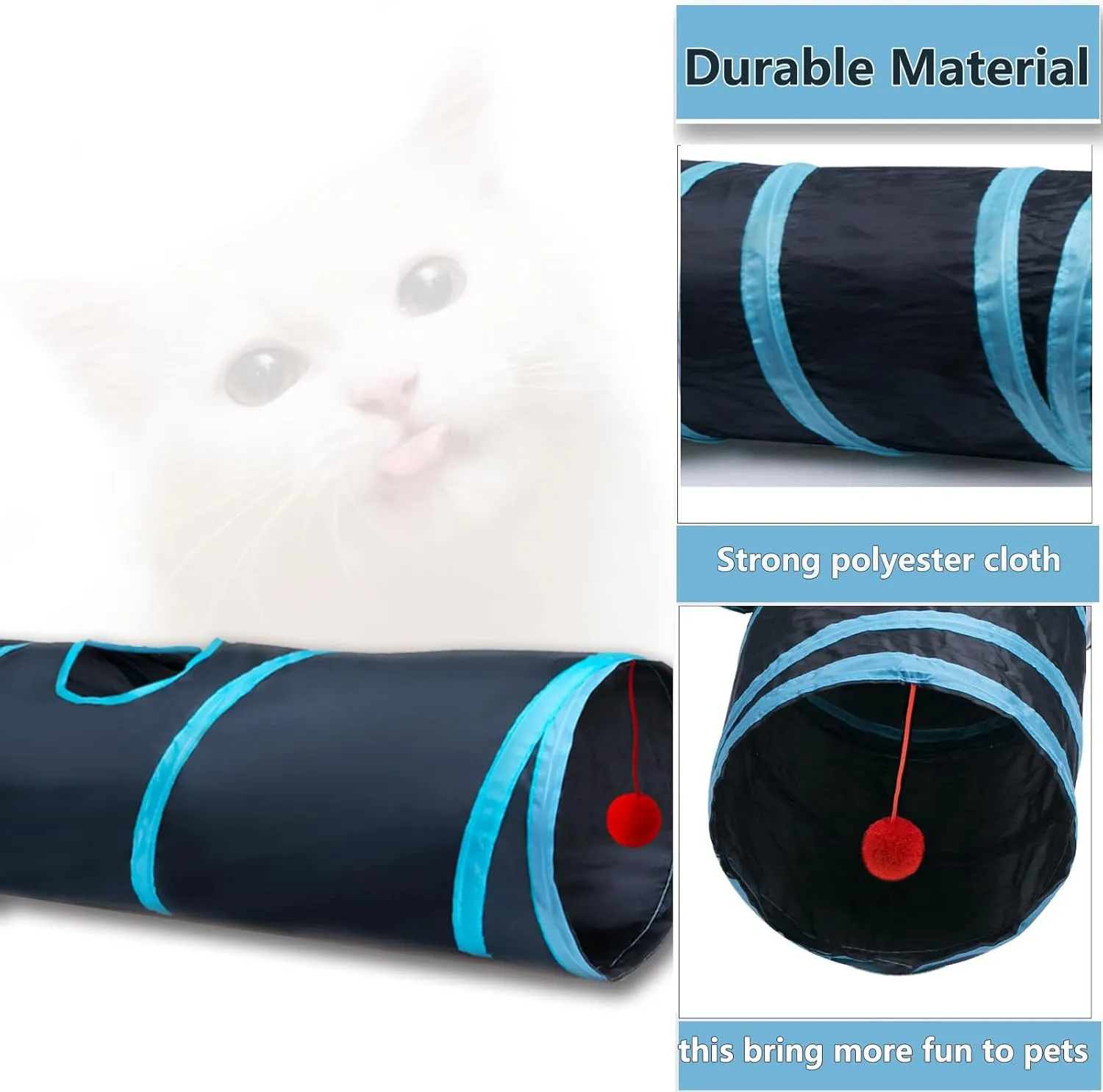 Cat Tunnel Tube ToysTunnels for Indoor Cats, 2 Way Blue Collapsible Interactive Toy with Balls for Rabbits, Kittens, Ferrets, Puppy