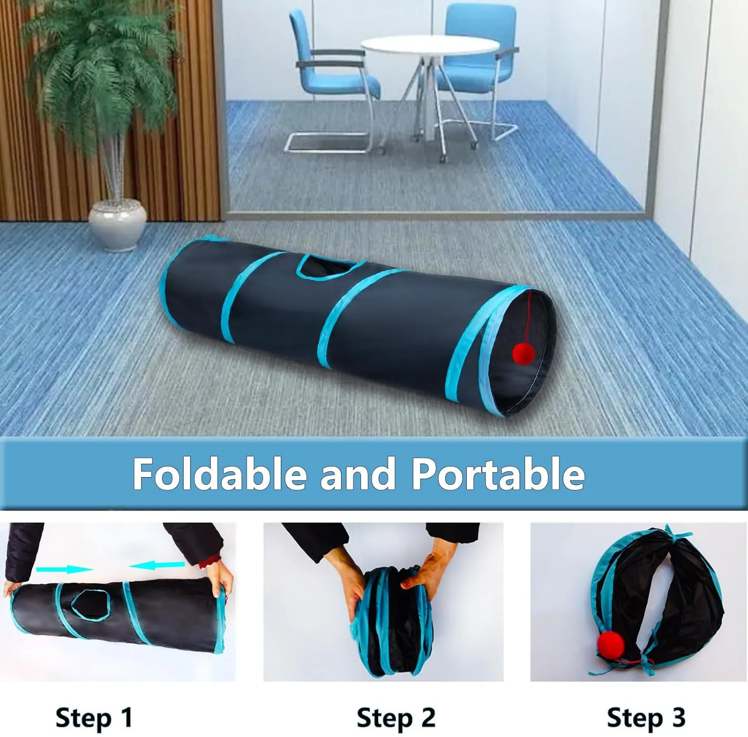 Cat Tunnel Tube ToysTunnels for Indoor Cats, 2 Way Blue Collapsible Interactive Toy with Balls for Rabbits, Kittens, Ferrets, Puppy