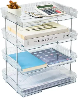 Clear Desk Organizer, 4-Tier PET File Organizer, Stackable Paper Letter Tray Organizer for Office Supplies, File Paper, Letter, A4 Office File, Books Document, Paper Folder (4-Tier)