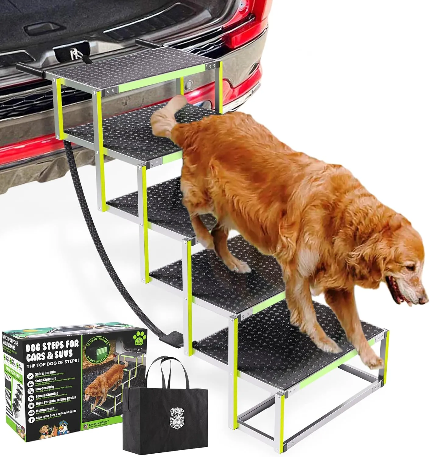 CreatureCops Dog Steps for Car | Glow-in-The-Dark, 175lb Support | Foldable, Non-Slip Dog Stairs for Large Dogs | Lightweight Aluminum with Carry Bag | 5 Steps for Car & Home