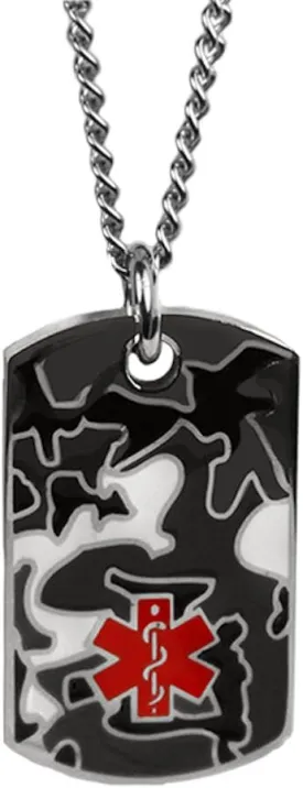 Custom Engraved Medical Alert Dog Tag Necklace, Stainless Steel, Camouflage Design, 1.6 x 1 Inch - 27 Inch Chain