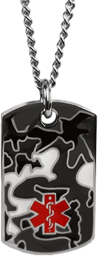 Custom Engraved Medical Alert Dog Tag Necklace, Stainless Steel, Camouflage Design, 1.6 x 1 Inch - 27 Inch Chain