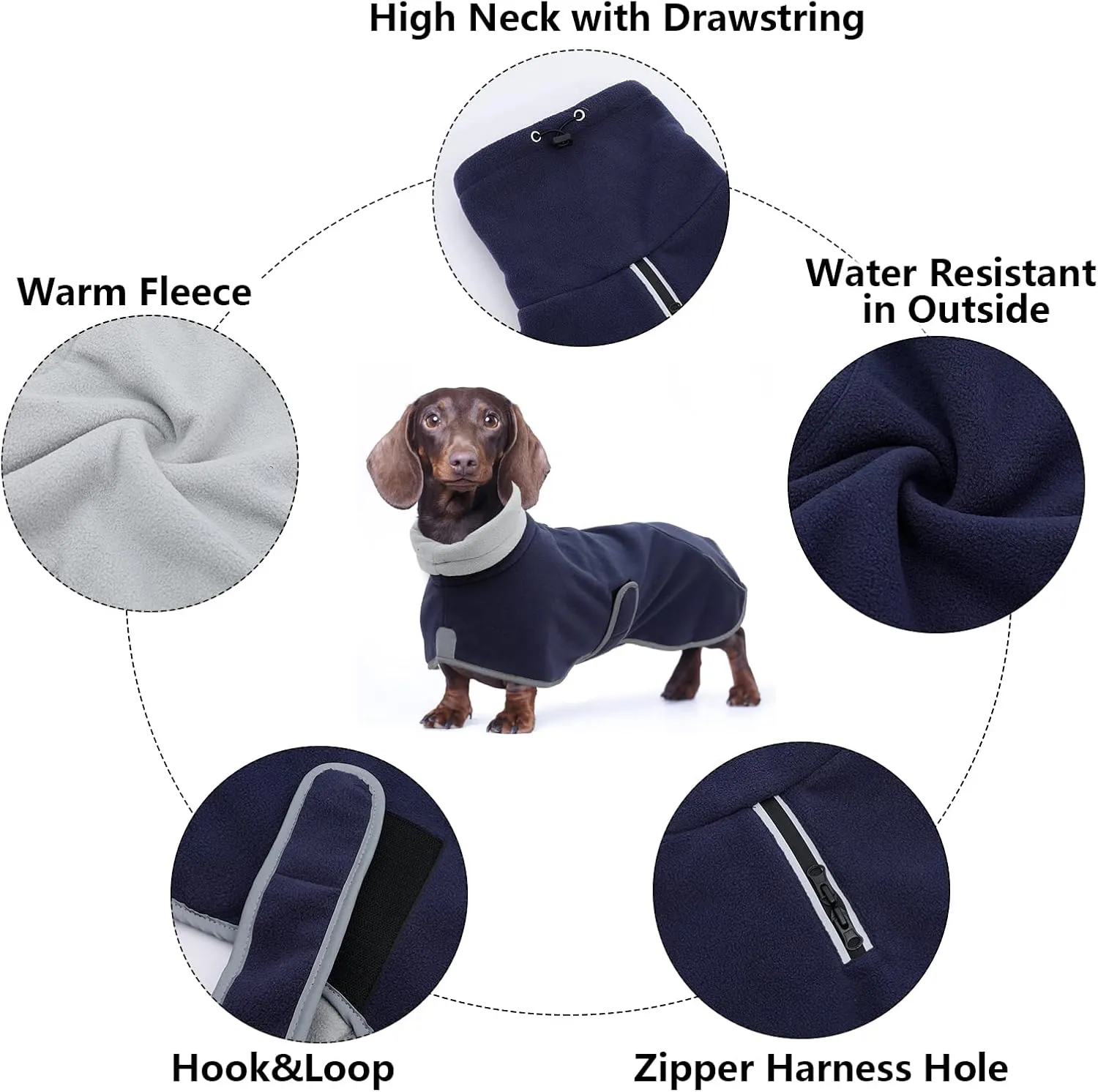 Dachshund Fleece Coats, Perfect for Dachshunds Sausage Weiner Puppy Winter Jacket with Reflective Trim and high Collar, Dog Snowsuit with Adjustable Bands - Navy - M
