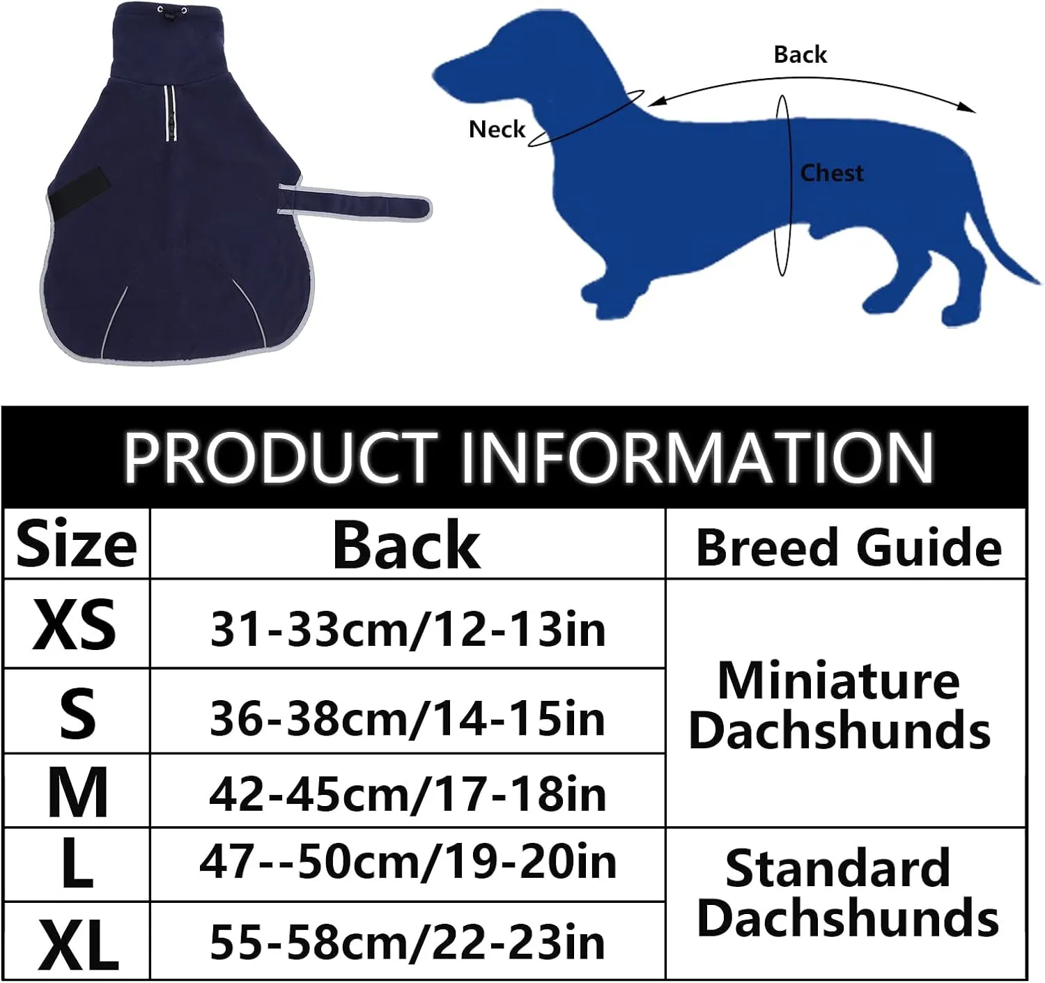Dachshund Fleece Coats, Perfect for Dachshunds Sausage Weiner Puppy Winter Jacket with Reflective Trim and high Collar, Dog Snowsuit with Adjustable Bands - Navy - M